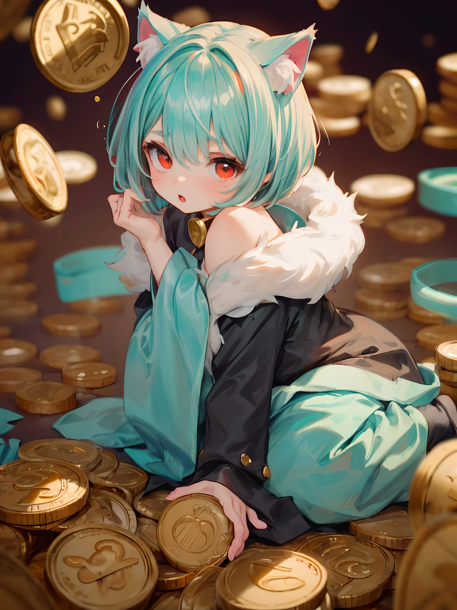 ((solo chibi catgirl)), ((short fluffy turquoise hair in a wavy bob-cut)), ((red eyes)), piles of gold coins