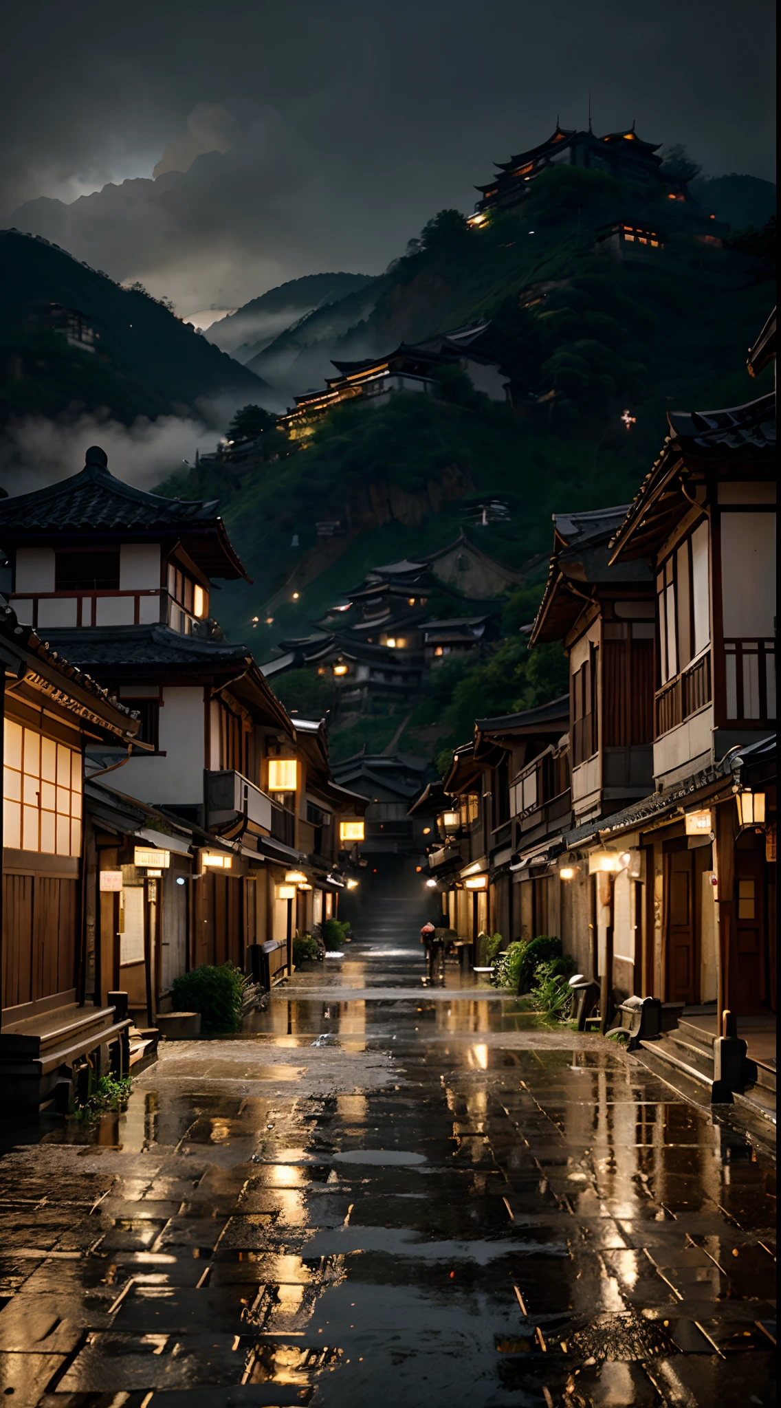 arafed view of a village with a lot of lights on the buildings, dreamy chinese town, japanese village, amazing wallpaper,chinese town, japanese village, hyper realistic photo of a town, old asian village, japanese city, by Raymond Han, rainy evening, cyberpunk chinese ancient castle, beautifully lit buildings, at evening during rain, beautiful and aesthetic, photography, cinematic, 8k, high detailed ((Heavy rain)))