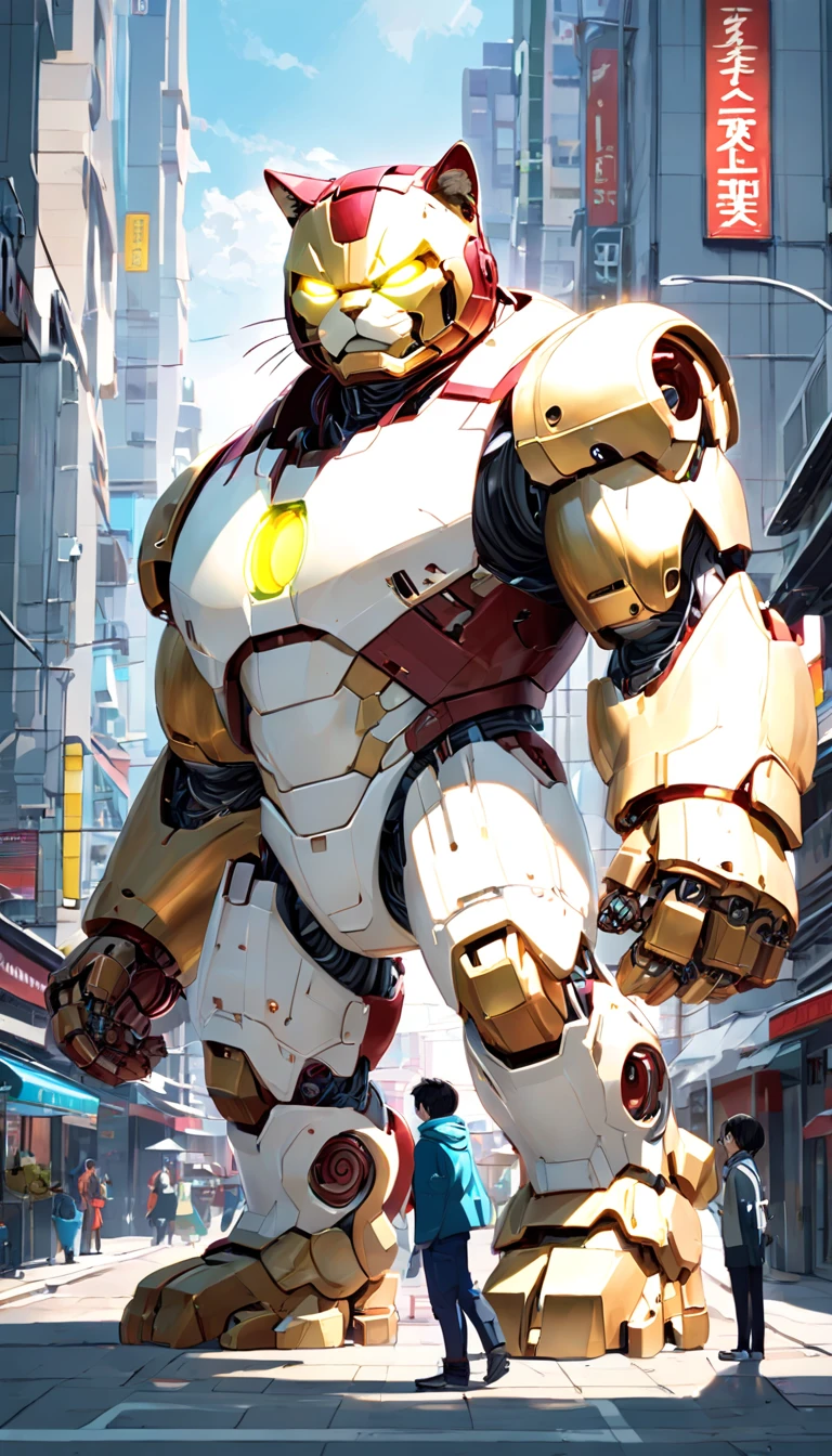 (((Giant Cat Robotic Mecca Inspired by Hulkbuster, white color:1.5))) (Blind box toy style:1.2), (full body shot), 1 Transparent Boy,Behind him is a cute transparent robot cat, Mech transparent, Exquisite helmet cat:1.2, glasses:1.2, Cyberpunk, dreamy glow, luminous neon lights, clean, white background, (Global Illumination, Ray Traching, HDR, unrealistic rendering, reasonable design, high detail, master piece, best quality, hyper HD, cinematic lighting)