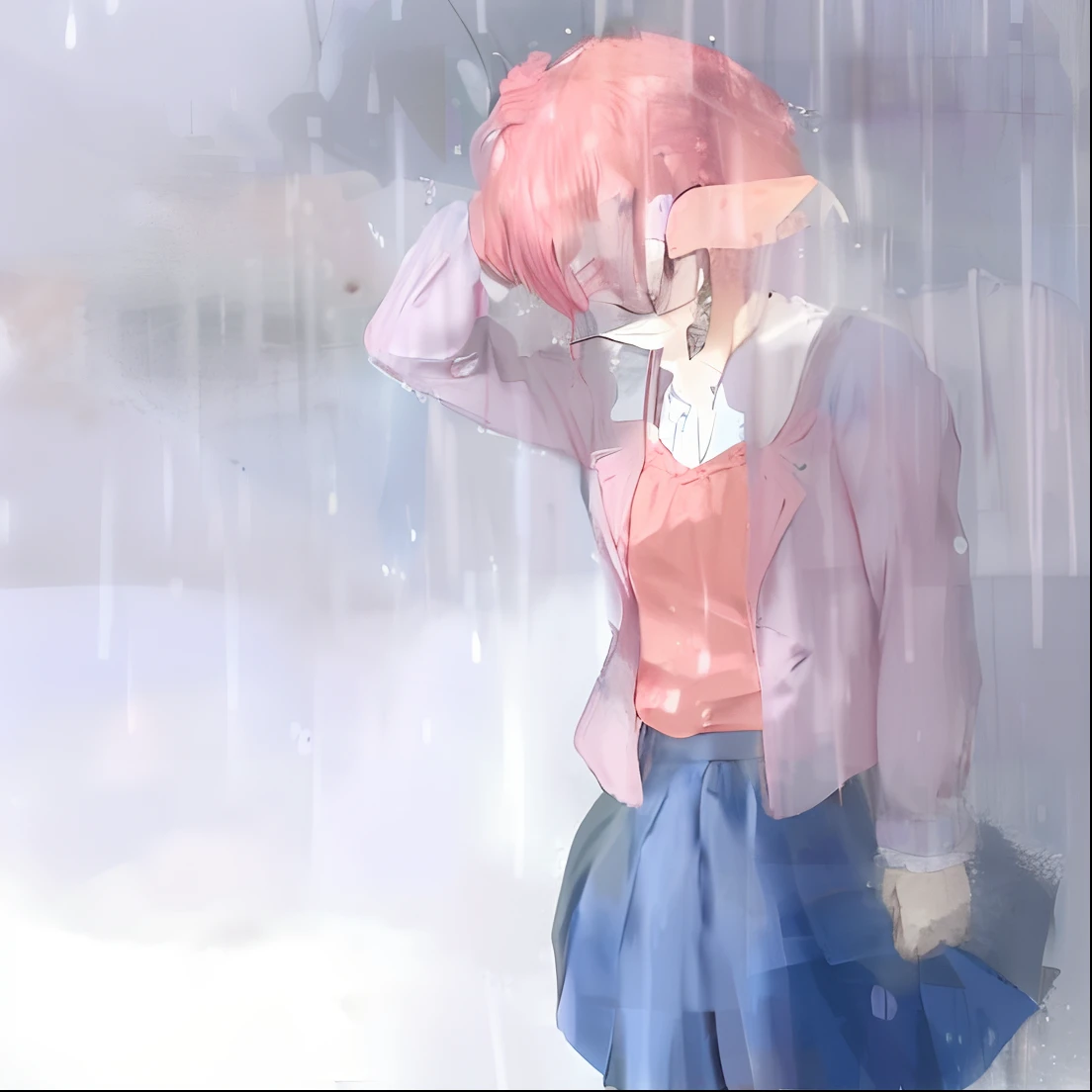 Anime girl in a pink shirt and blue skirt standing in the rain, Tears on Rain, quadro emocional, Depois da chuva e sem meninas, Chovendo, like tears in the rain time to die, tempo chuvoso, sob chuva, atmospheric anime, chuva caindo, DDLC, Chovendo!!, it's raining, raining outside, Dia chuvoso, Clima chuvoso, (menina anime)