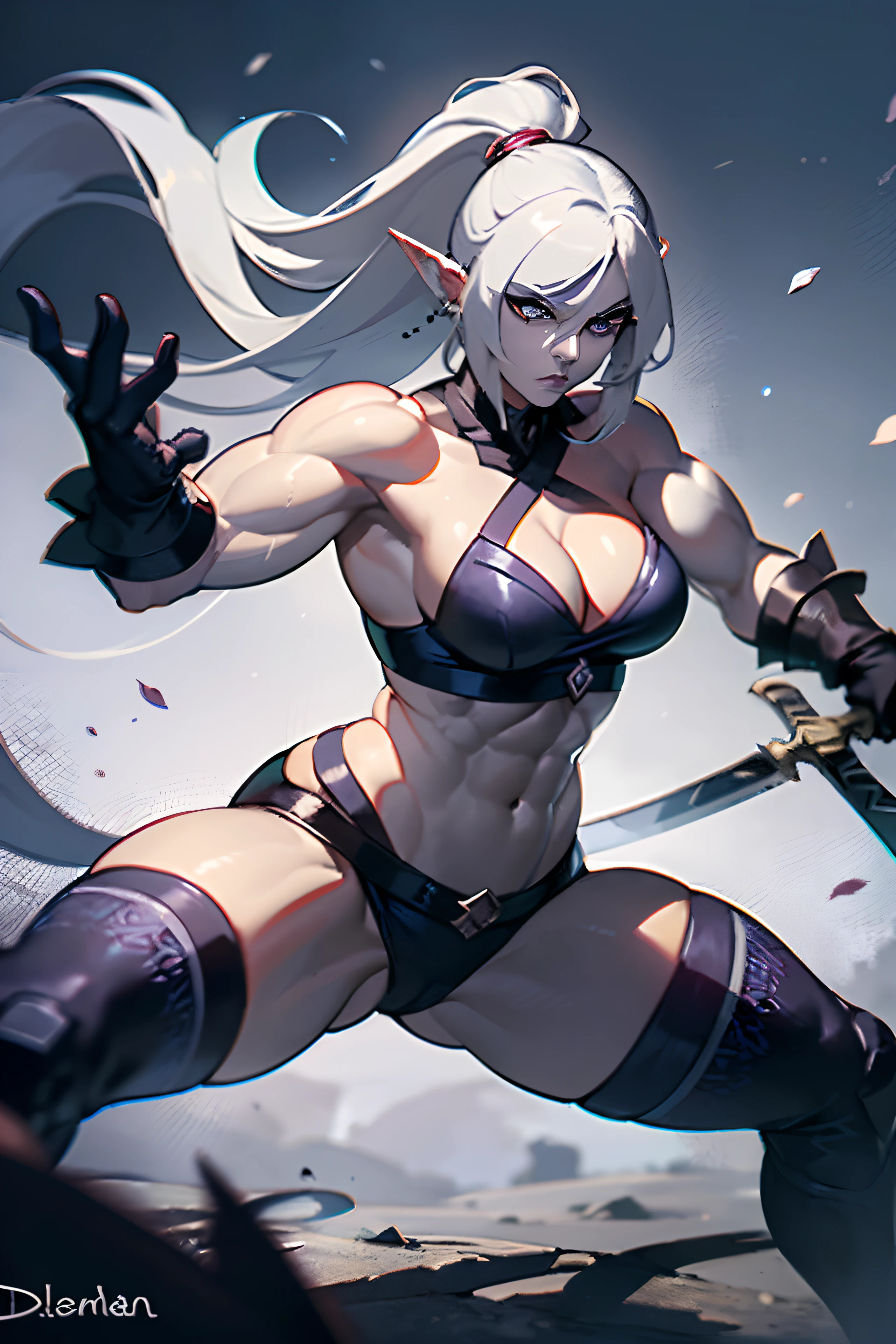 A beautiful muscular female Drow, wielding a long sword, fighting stance