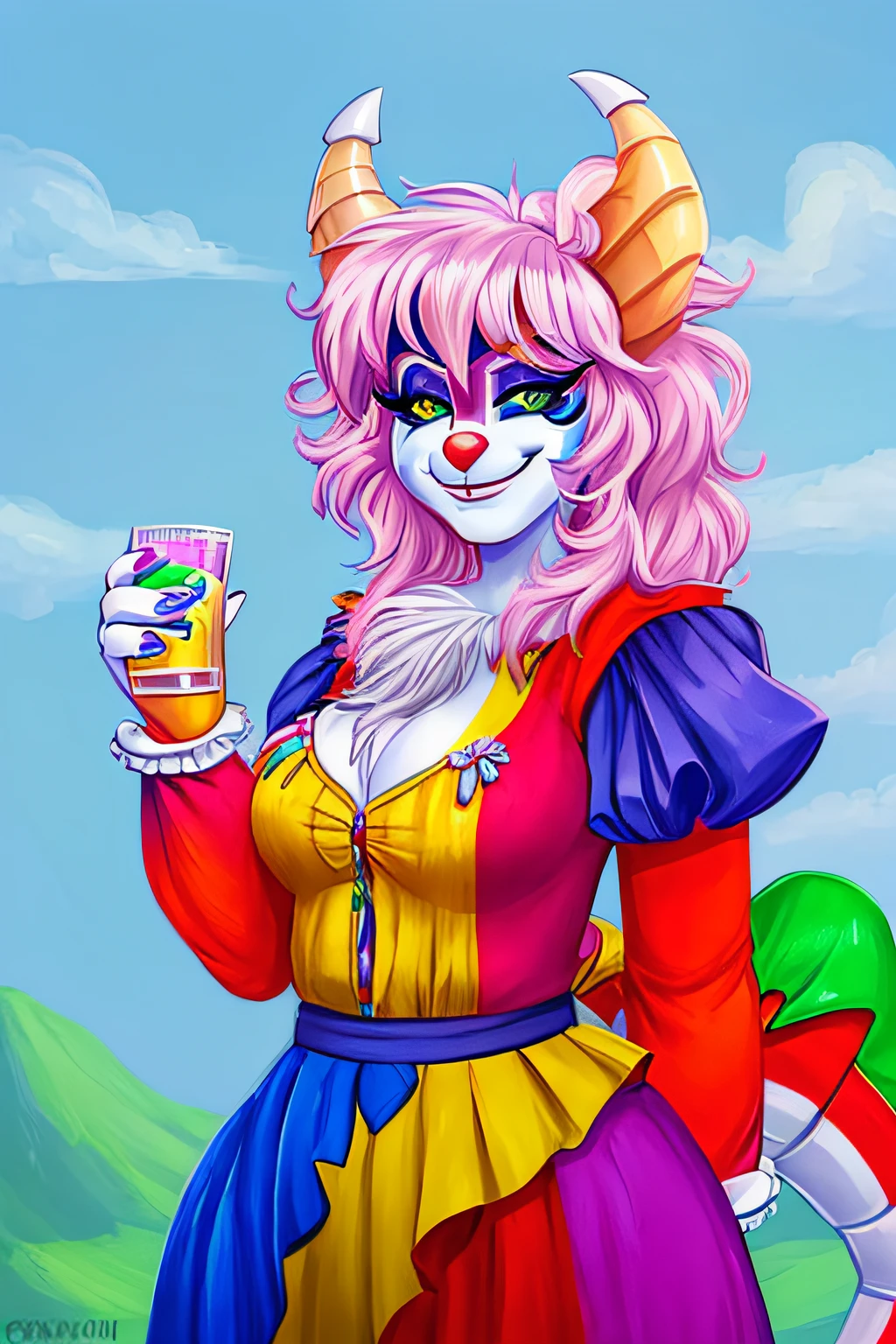 ((female)), (woman), (((clown))), colorful, Dragoned, (white skin), ((smiling)), makeup, (((colorful makeup))), furry, anthro, full body , detailed, (((colorful clothing))), clothing, (((Characteristics of the Dragon))), (dragon), (((cartoon))), (drawing)