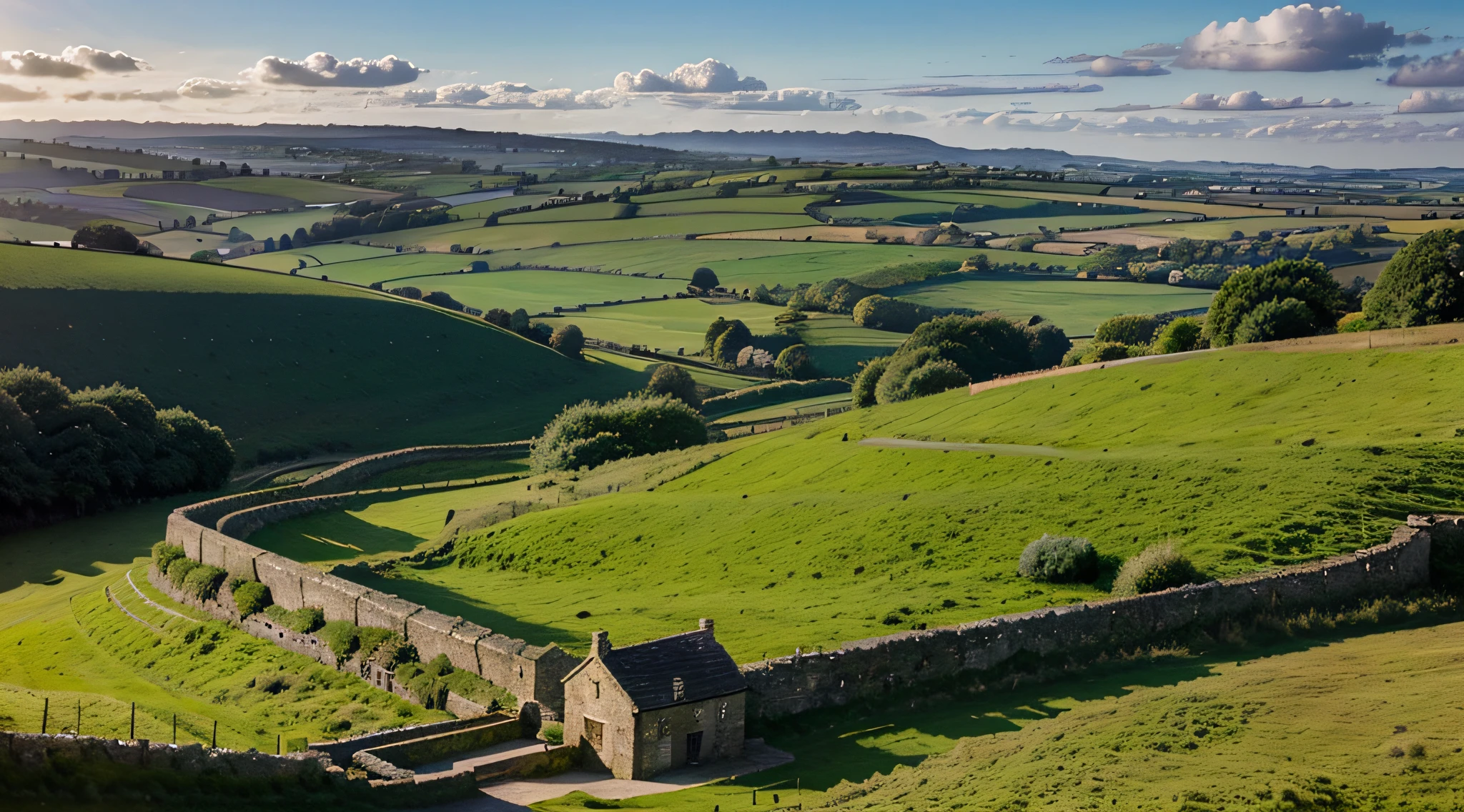 Sunny landscape with stone walls and green fields in England