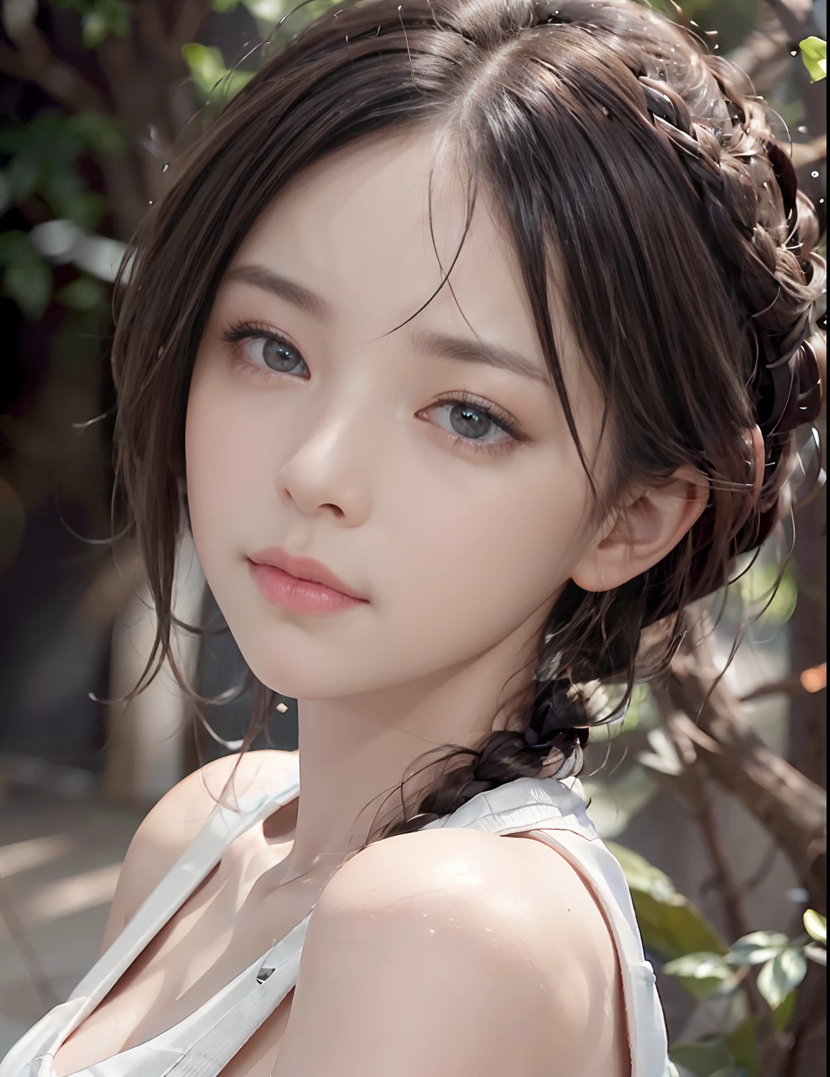 8K, Raw photo, Best Quality, masutepiece, high-definition RAW color photography, professional photograpy, Photorealistic, (High detailed skin:1.2), High resolution, Beautiful detailed eyes, (Hard Focus:1.4), (Sharp Focus:1.4),
Realistic , (8K UHD:1.2) , Optical Rare
High-quality shadows,
parted_Lips, Slender face,
(Long hair), Half-up top knot, Crown braid, Gray eye color, Thought-provoking appearance,
(Extreme face closeup), POV, (((depth of fields))), pale and lustrous skin,
Cropped cowl neck sweater,
s in their 30s,
Bokeh, Lens Flare, (Vignette:0.8), , Back Light, Professional Lighting, Physically-based rendering, pureerosface_v1.