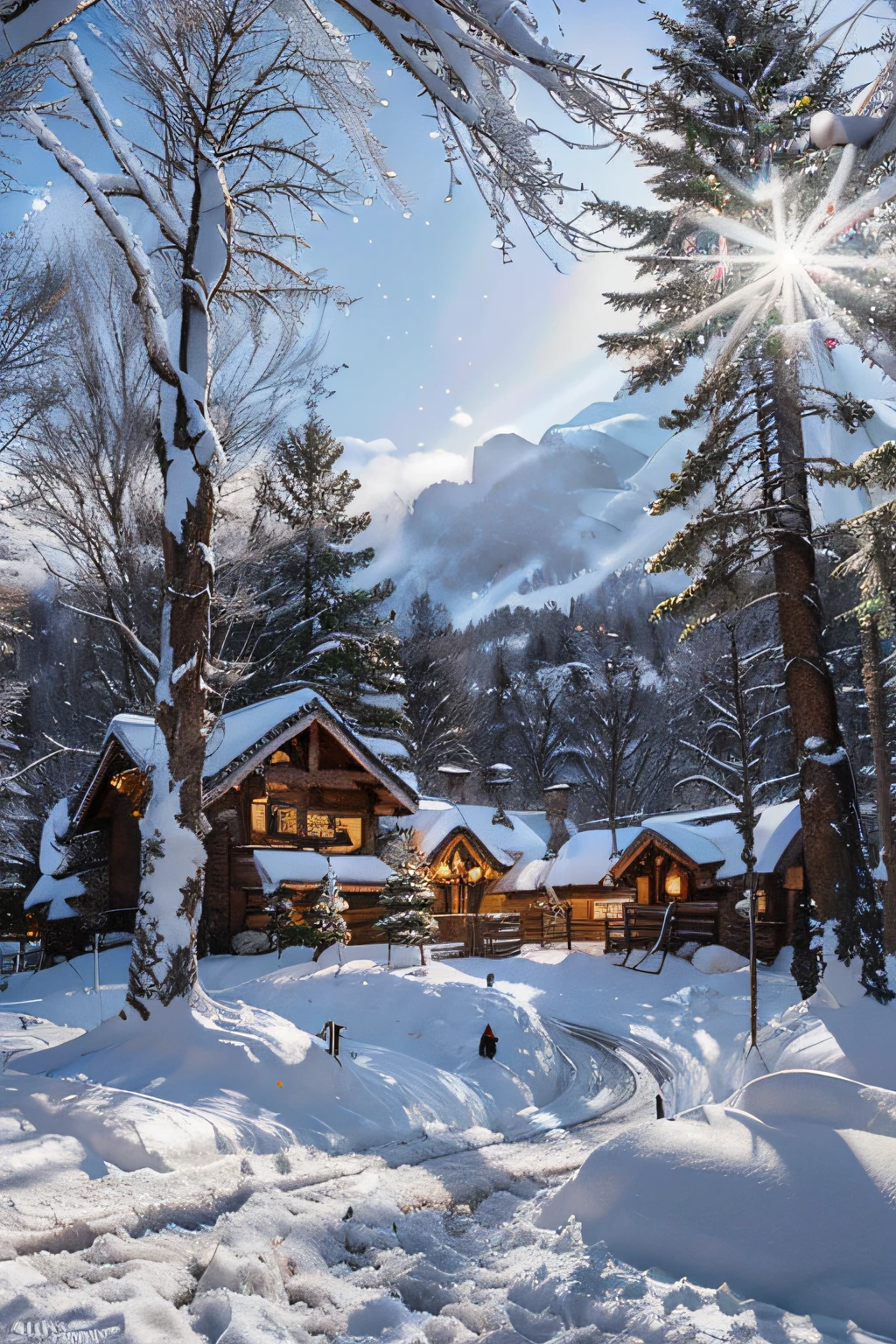 (Realistic)Christmas tree in snowy mountain scenery, (ultra-detailed)winter wonderland, (vivid colors, photorealistic:1.37)crisp white snow, (best quality, HDR)bright blue sky, (sharp focus)pine trees covered in snow, (physically-based rendering)glistening icicles hanging from branches, (ultra-fine painting)delicate snowflakes drifting in the air, (studio lighting)soft golden sunlight filtering through the trees, (bokeh)sparkling lights on the tree branches, (concept artists)magical atmosphere, (landscape)rolling hills covered in snow, (horror:0.9)dark shadows lurking in the forest, (portraits)happy families playing in the snow, (Christmas decorations)festive ornaments hanging from the tree, (winter sports)people skiing and snowboarding down the slopes, (peaceful)tranquil silence of the winter landscape, (adventure)exploring the untouched wilderness, (serene)the sound of crunching snow underfoot, (warmth)smoke curling from cozy mountain cabins, (joyful)laughter and joyful music filling the air, (snowy animals)snowy owls perched on the tree branches.