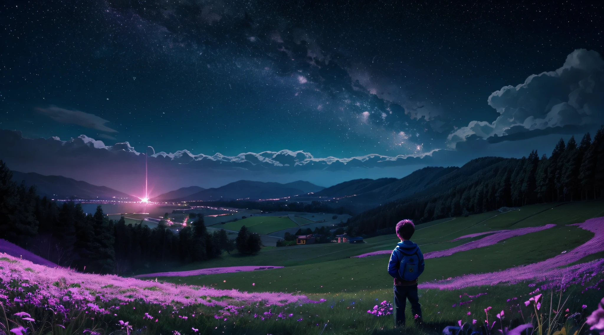 neon color、kosmos、meteors、a moon、Fantasia、grass field、Boy Looking at the Stars in the Distance