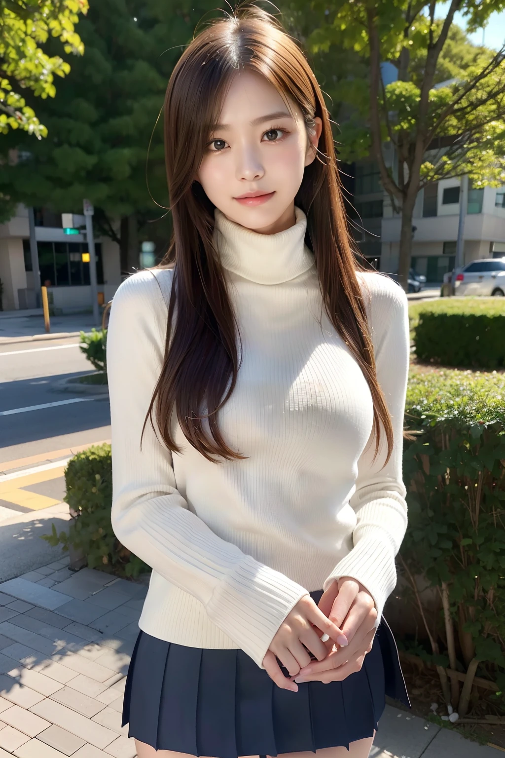 Top image quality、masterpiece、超A high resolution、Raw photography、(Photorealsitic:1.4)、1girll、A detailed face、cowboy shot、(long court、turtle neck、a miniskirt、Muffler on the neck:1.5)、 long disheveled red hair、Bokeh、beautiful lighting、model poses、slender、韓国アイドル、age19、(A smile:1.5)、Street Trees