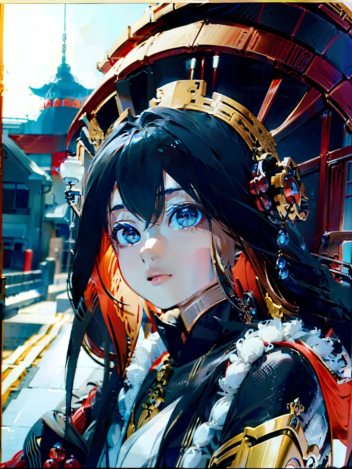 Humanity，Female black mechanical dragon，eBlue eyes，Vertical pupils，China-style，high detal，High picture quality，10 meters long，