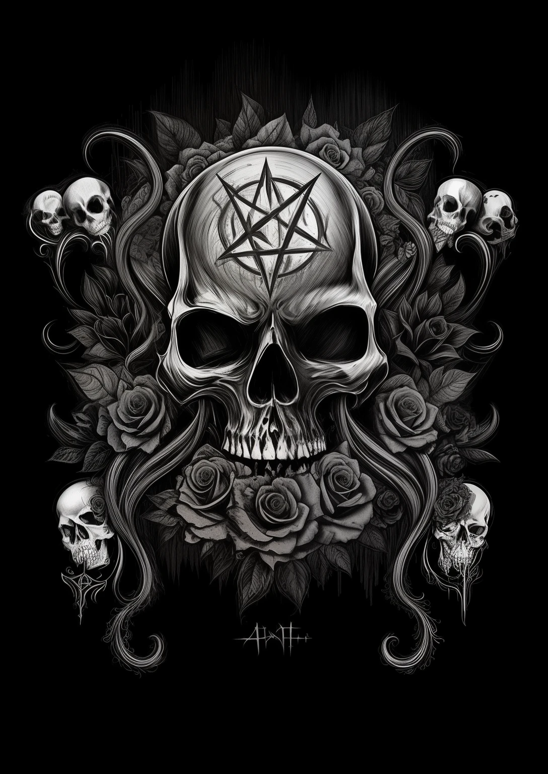 A black and white drawing of a skull with roses and a pentagram, arte escura altamente detalhada, estilo de arte escuro, Arte oculta, arte sombria, gothic art style, Arte digital escura, mas detalhada, occult inspired, adorned with demon skulls, skull design for a rock band, arte macabra, gothic art, estilo de arte heavy metal, estilo black metal