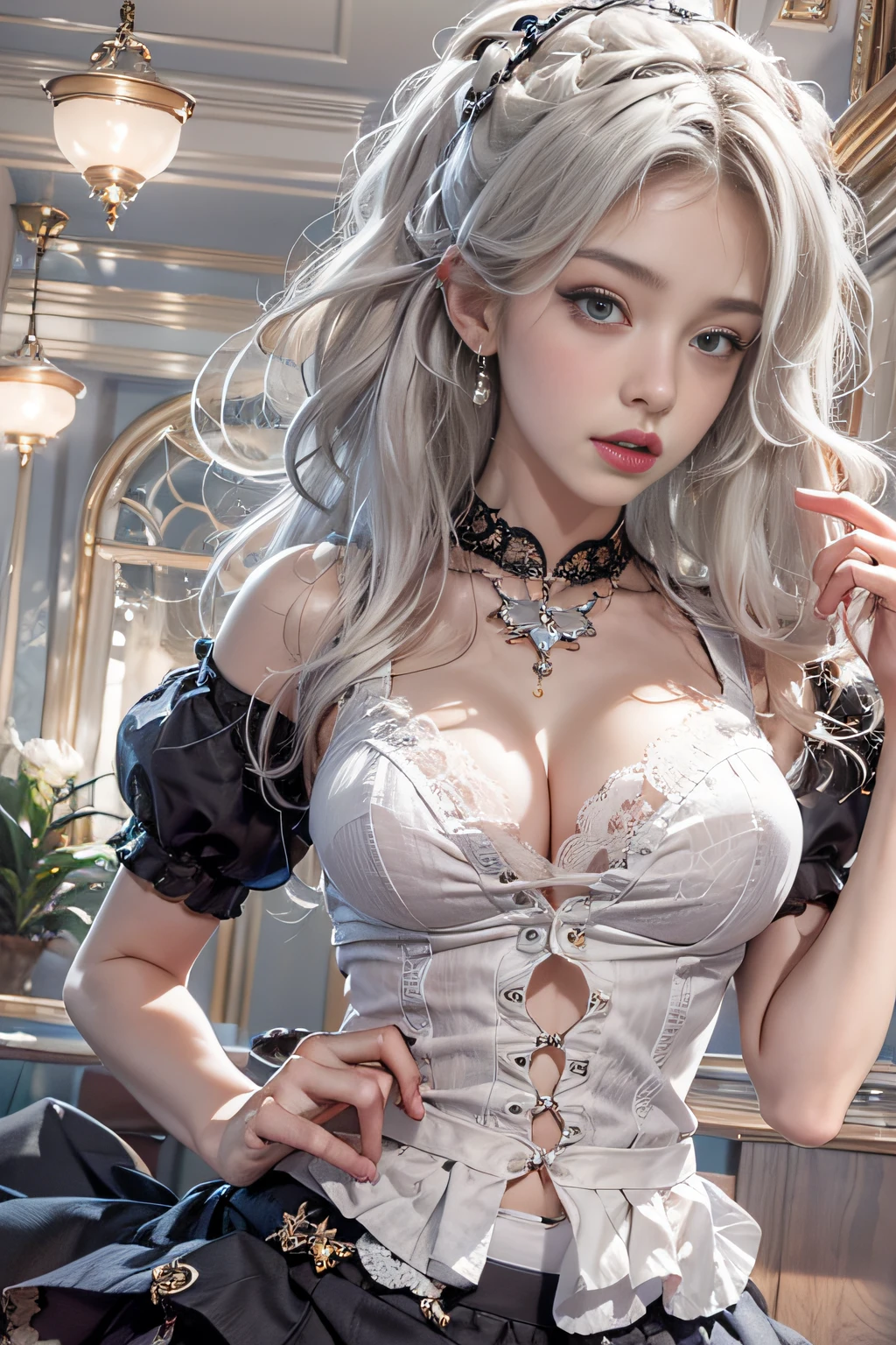 Photorealistic, High resolution, 1womanl, Solo, hips up high, view the viewer, (Detailed face), White hair, Long hair, maid clothes, Jewelry、）（cropped shoulders）、（((Raise the skirt to the chest))）、）（up skirt）（（Black lace panties visible））,