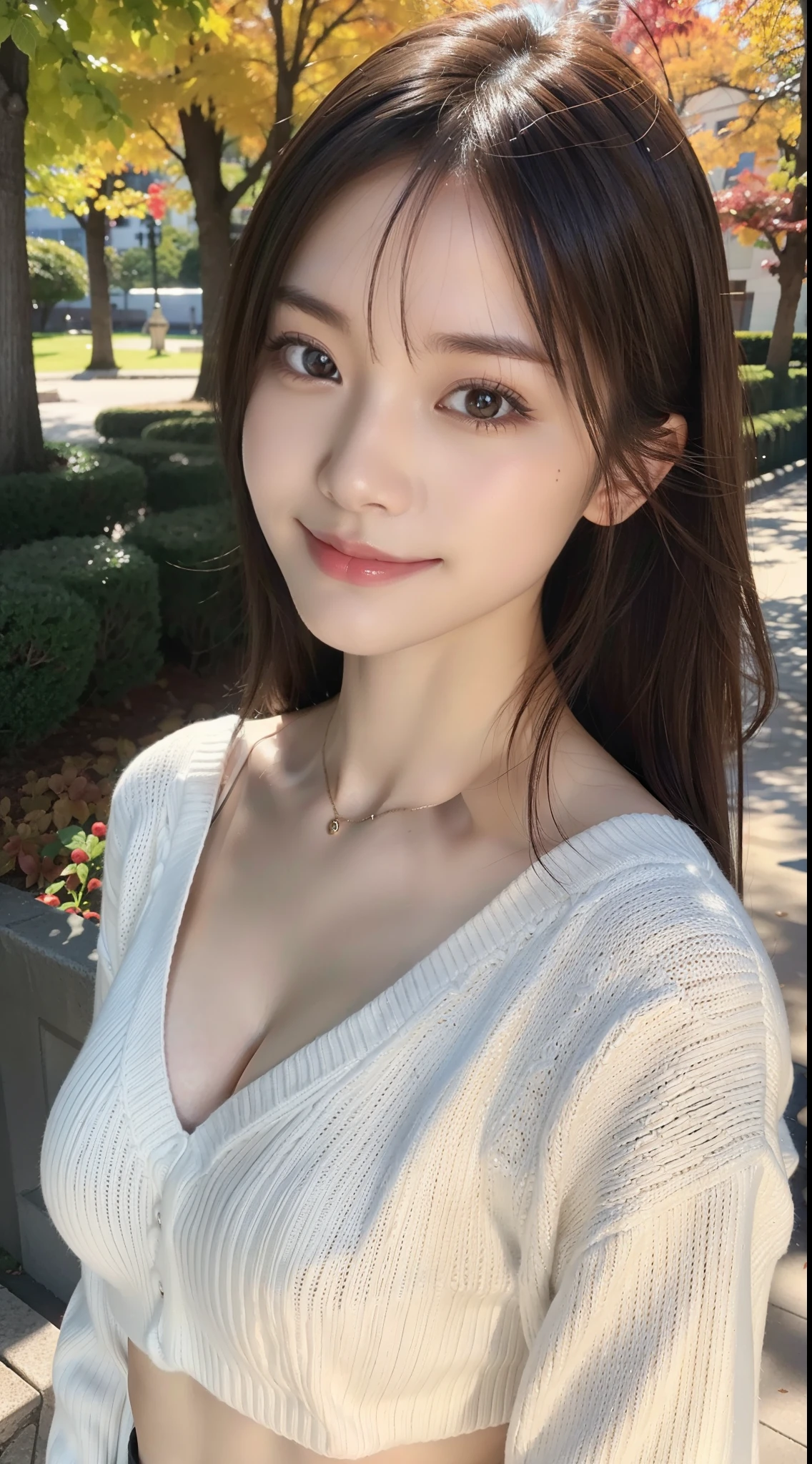 masutepiece, Best Quality, Illustration, Ultra-detailed, finely detail, hight resolution, 8K Wallpaper, Perfect dynamic composition, Beautiful detailed eyes, Winter dress,Medium Hair, Small breasts, Natural Color Lip, Random and sexy poses,Smile,Big city、a 25 year old girl、Midnight、beautifull detailed face、Perfect and beautiful face,Big eyes