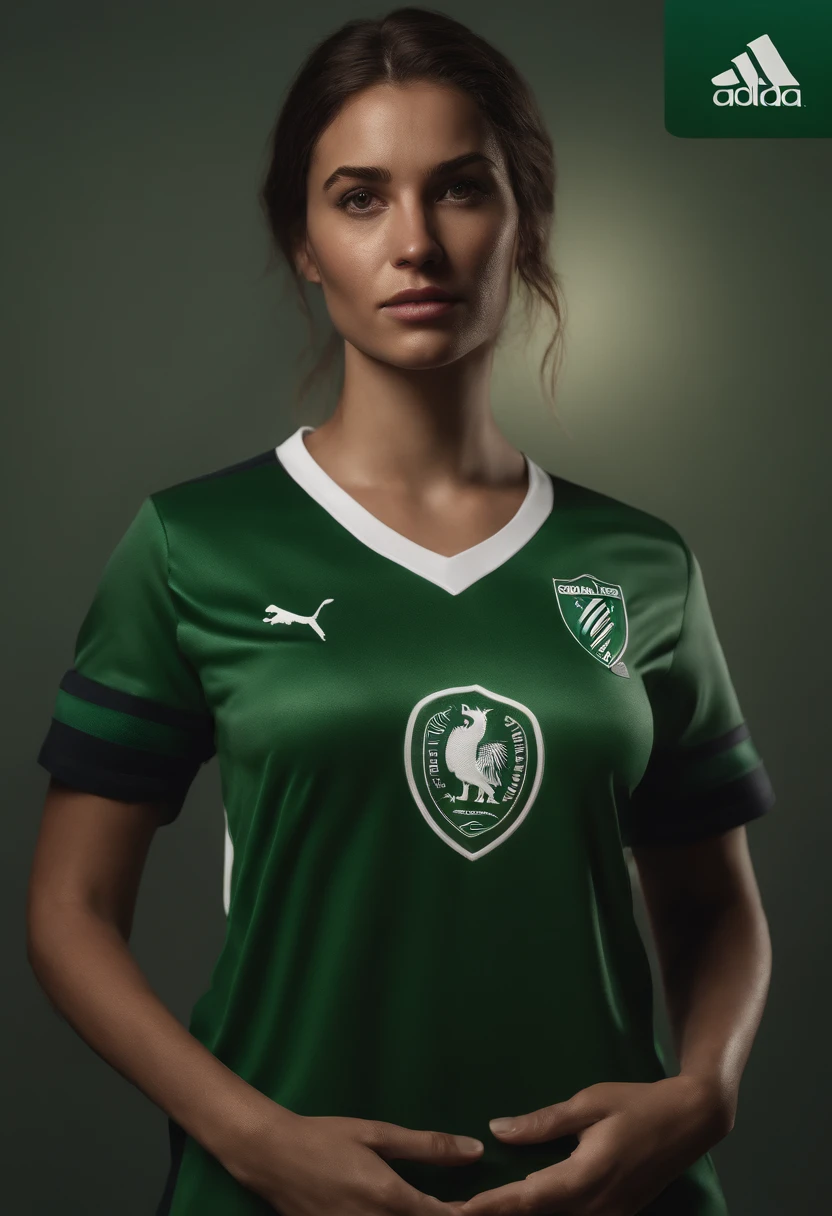 Create a realistic visual representation of the fictional character Ellie from the PlayStation game 'The Last Of Us', mantendo o mesmo visual fiel ao jogo. A personagem deve estar vestindo uma camisa verde escura de time de futebol da marca Puma. The shirt must have the Puma distinctive symbol. Ademais, no peito da camisa, substituiu o escudo original por uma letra 'P', simulando o escudo do time de futebol Palmeiras. The image should be rendered with graphics similar to those of the video game, preserving the iconic details and style of the character Ellie.