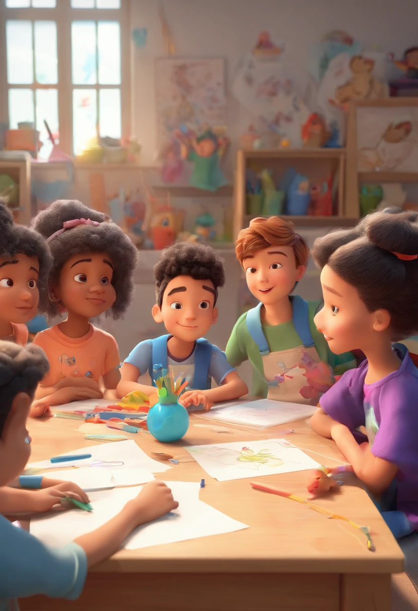 A 3D animation Disney Pixar Image lookalike with 06 children drawing in art class