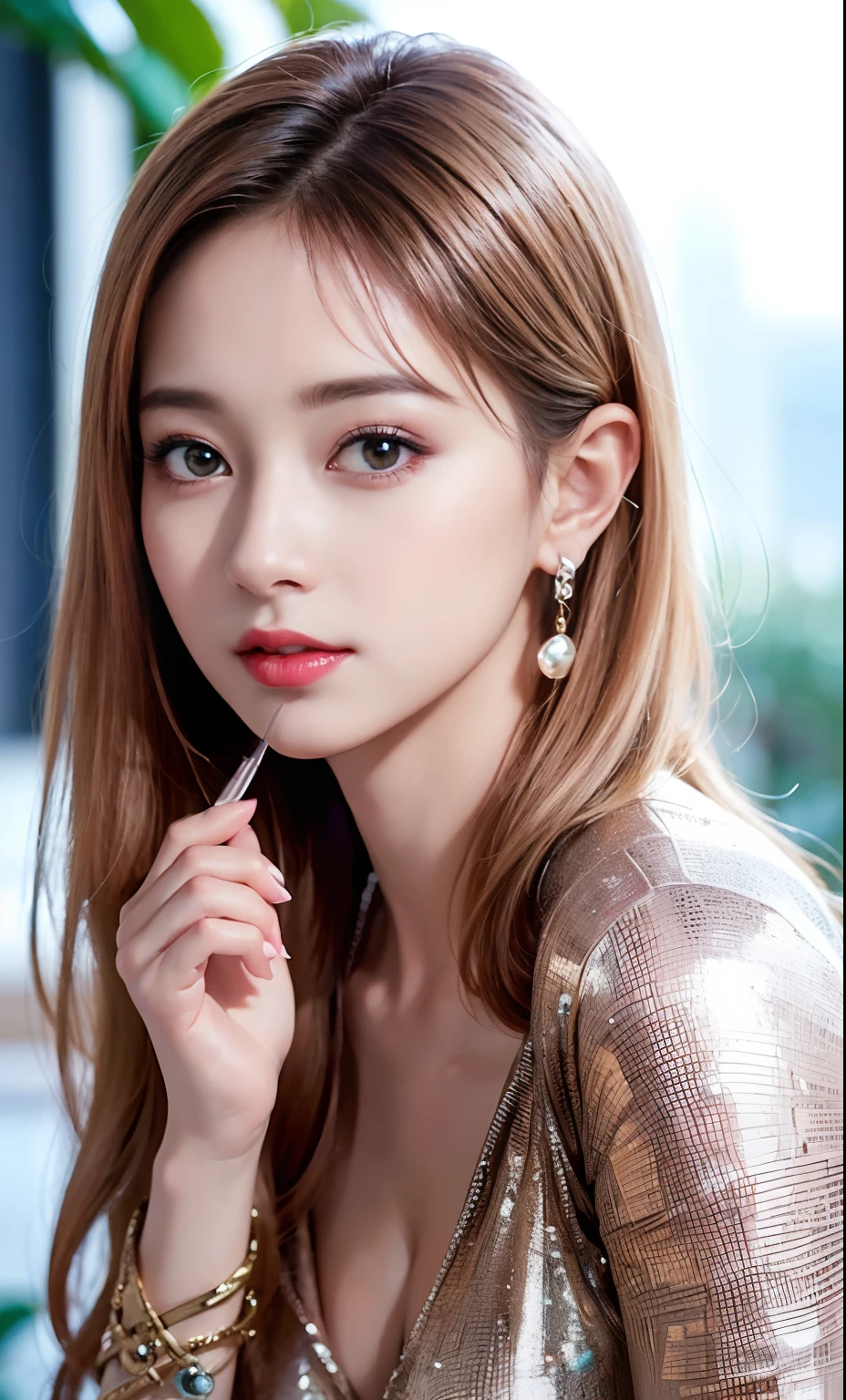 (8k, RAW photo, photorealistic: 1.25), (lip gloss, eyelashes, shiny face, shiny skin, best quality, ultra-high resolution, depth of field, chromatic aberration, caustics, wide range of lighting, Natural shading, Kpop idol) looking at the viewer with a calm and goddess-like happiness,