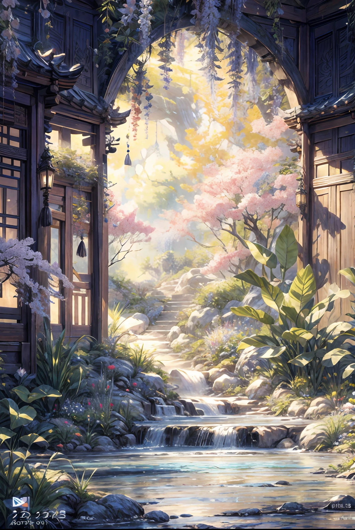 A garden painting with a waterfall and a bridge, floral environment, Anime landscape concept art, Anime background art, Magical environment, arte de fundo, landscape artwork, fantasy magical vegetation, fantasy painterly style, whimsical fantasy landscape art, in bloom greenhouse, Beautiful environment, dreamy and detailed, very detailed digital painting, art nouveau jungle environment, the grand temple of flowers，Chinese style elements，an osmanthus tree，