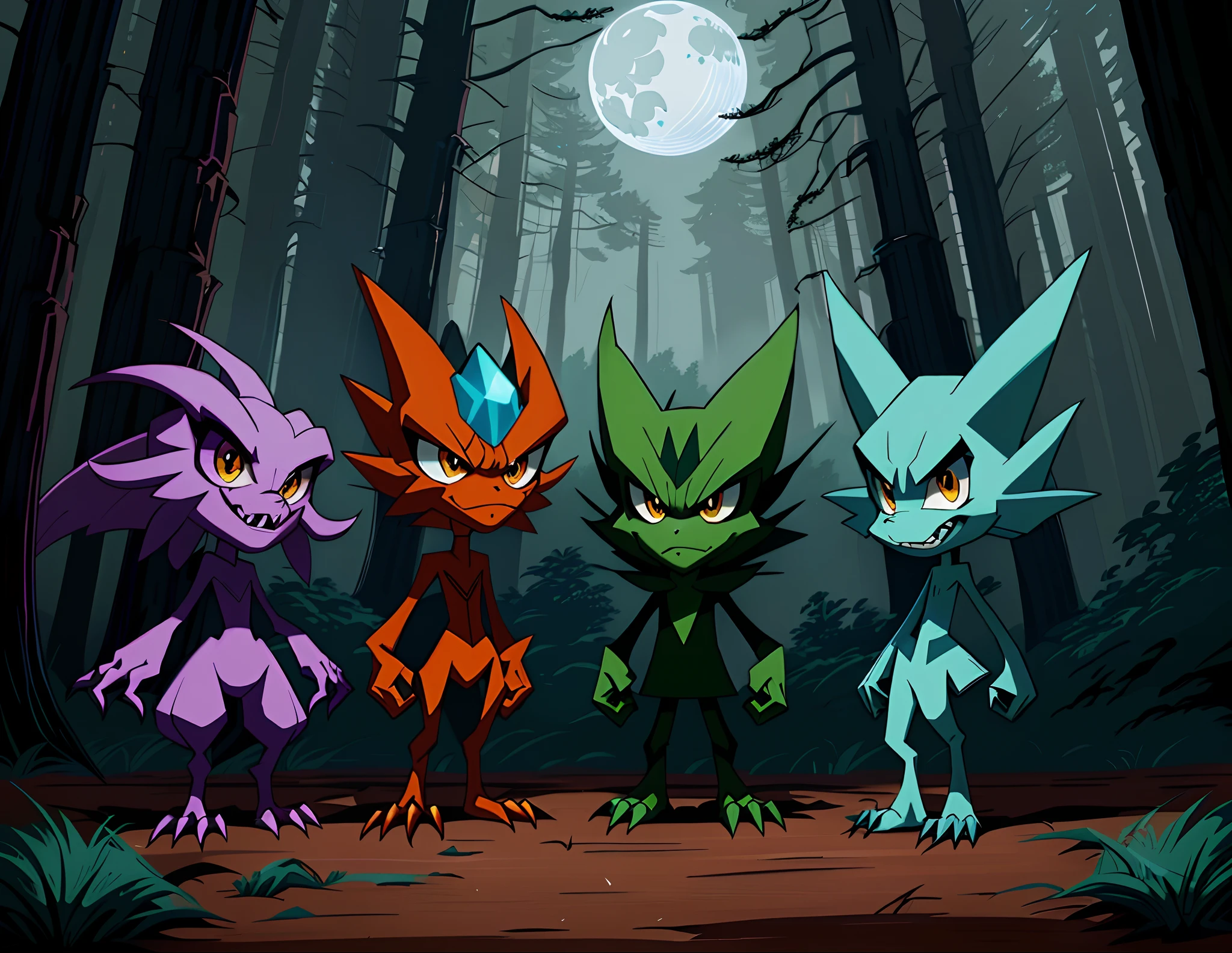 three cartoon monsters standing in a forest with trees and a moon, is evil gremlin, childrens art in artstation, 3 d render stylized, goblins, scary creatures, scary creatures in background, monster character design, portrait of daemons, cute monster character design, evil fairies, stylized game art, stylized concept art, painted in zbrus, very simple design, friendly, pokemon go wallpapers by the artist of the same name, pokemon art style, video game fanart, style of pokemon, pokemon style, with familiar sprites, hylics artwork, video game character design, video game character concept, style of cute pokemon, monster character design, official character illustration, game character design, weird pokemon, detailed fanart, game art!!, official fanart