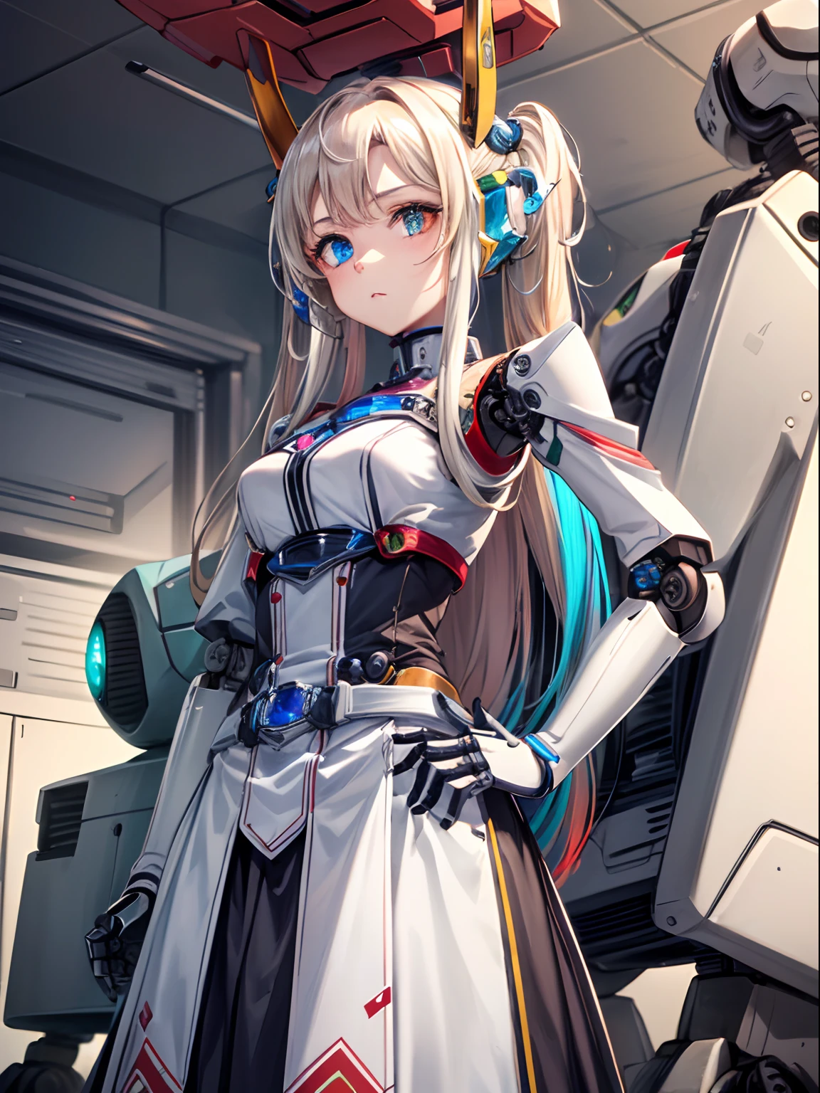 (masutepiece:1.4), (The artwork:1.2), (Soft and simple colors:1.2), (mechanical arms:1.10), (Heterochromia+Multicolored:1.33),[[A detailed eye、Colorful eyes、radiant eyes:1.15]]、 (1girl in:1:1), (Long white hair with bangs), (Portrait:1:1), (The best Disinger), (Mounting the Robot+Technical lobes:1:2), (Very drawn eyes:1.3), (Well made iris+painted+Perfection:1.10), (Highly detailed CG8k unit wallpaper 0.6), (Machine shop scenario:1:1)