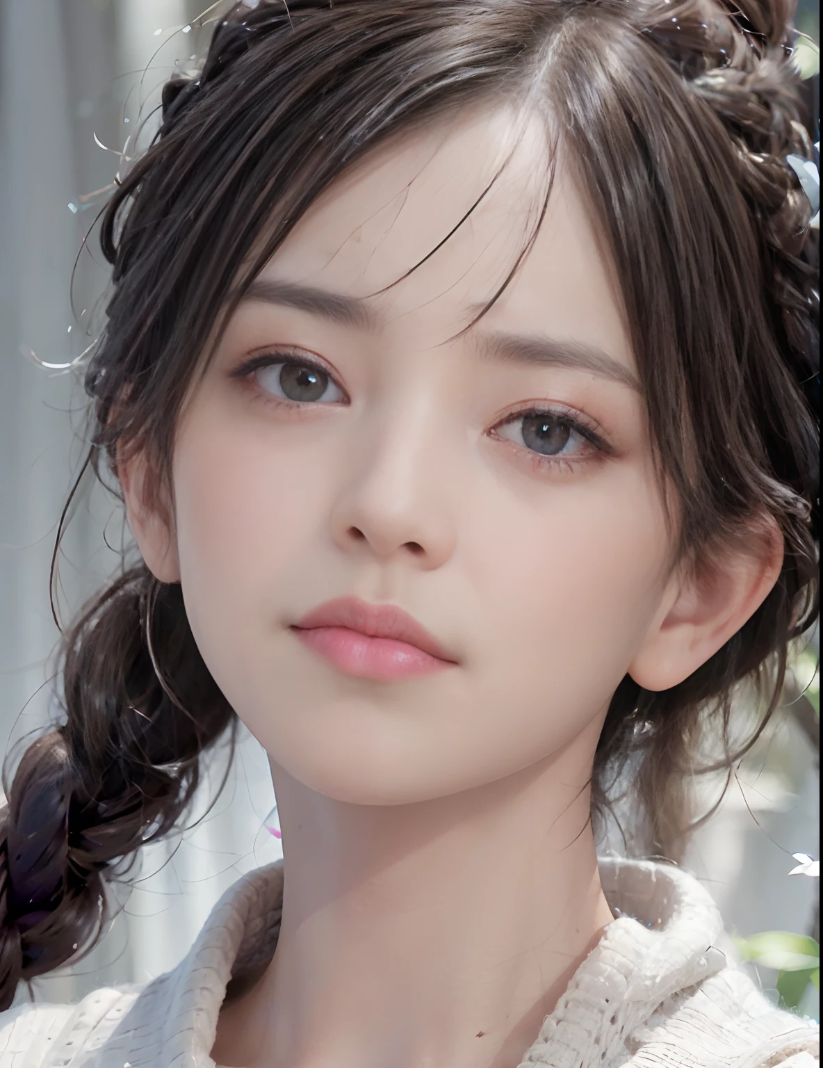 8K, Raw photo, Best Quality, masutepiece, high-definition RAW color photography, professional photograpy, Photorealistic, (High detailed skin:1.2), High resolution, Beautiful detailed eyes, (Hard Focus:1.4), (Sharp Focus:1.4),
Realistic , (8K UHD:1.2) , Optical Rare
High-quality shadows,
parted_Lips, Slender face,
(Long hair), Half-up top knot, Crown braid, Gray eye color, Thought-provoking appearance,
(Extreme face closeup), POV, (((depth of fields))), pale and lustrous skin,
Cropped cowl neck sweater,
Teens in their 30s,
Bokeh, Lens Flare, (Vignette:0.8), , Back Light, Professional Lighting, Physically-based rendering, pureerosface_v1.