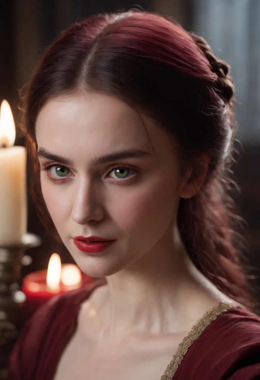 (((A deep red wound streaked across her left cheek))) Fair complexion, A woman around 19 years old, Natural gray hair, Unique green eyes, Wear Cole, Slender and graceful, Beautiful, Candlelight in a medieval setting, super sharp focus, realistic lens, Medieval women's clothing, Four colors (Scar:1.4)