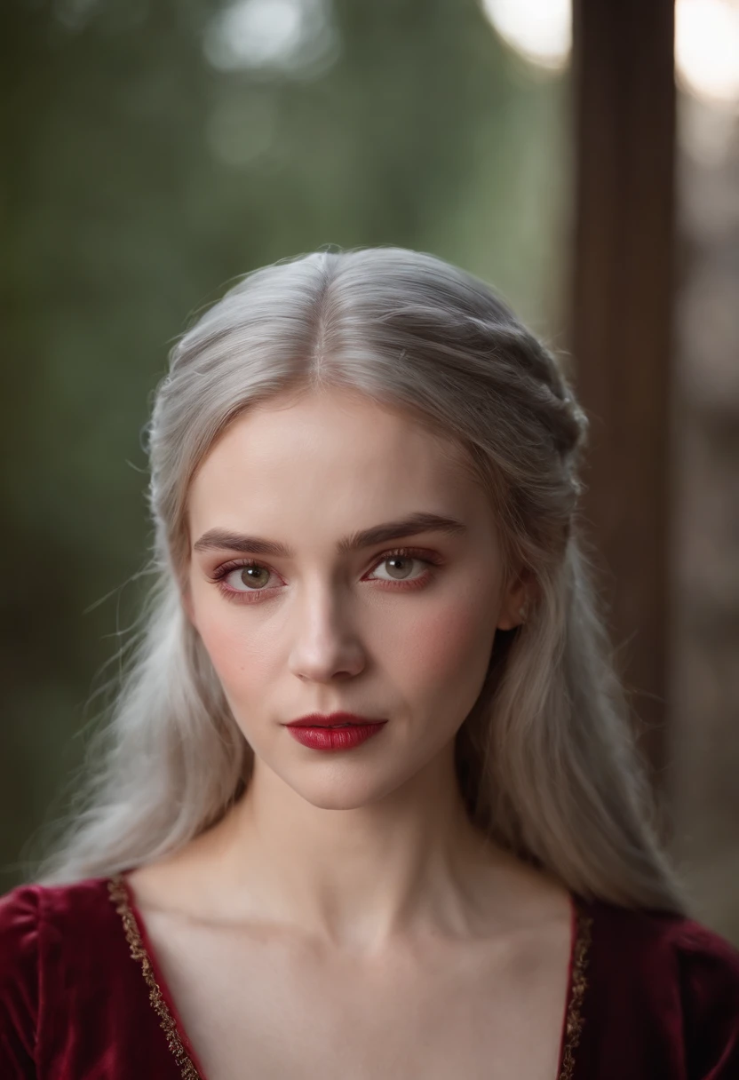 (((A deep red wound streaked across her left cheek))) Fair complexion, A woman around 19 years old, Natural gray hair, Unique green eyes, Wear Cole, Slender and graceful, Beautiful, Candlelight in a medieval setting, super sharp focus, realistic lens, Medieval women's clothing, Four colors (Scar:1.4)
