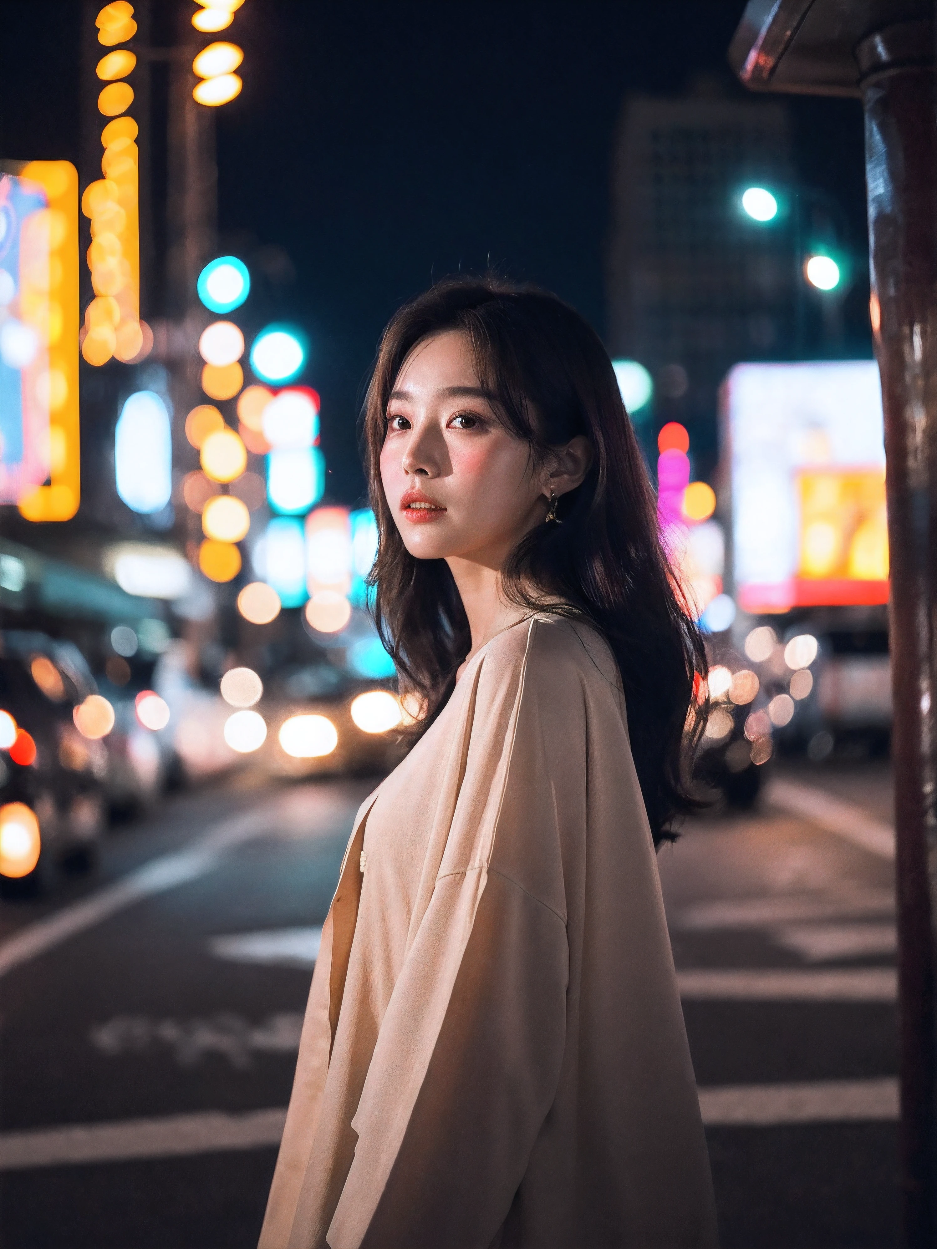 (Cinematic Aesthetic:1.4) Photo of a beautiful korean fashion model bokeh city night