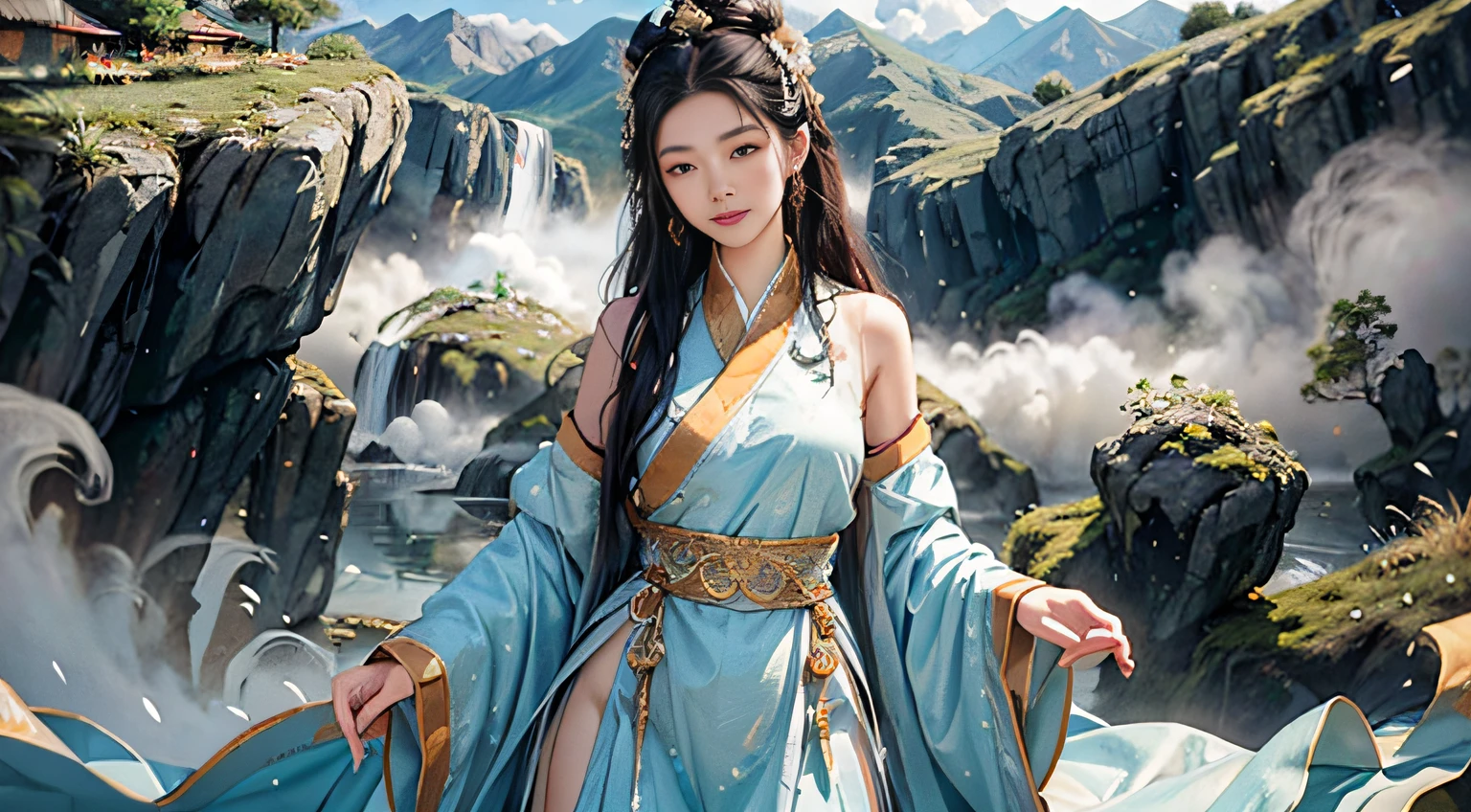Masterpiece,Best quality,old
art,offcial art,Aesthetics,
1girll, (full bodyesbian: 1.2),Tik, Hanfu, dynamicposes,see through fabric, (Fleur:1.2),jewely,chino,Long_Hair in the clouds,White smoke, mist,Cyan Mountain, Light smile,is shy, (arm behind back:1.8), Fingers behind the back,looki at viewer, elegant,