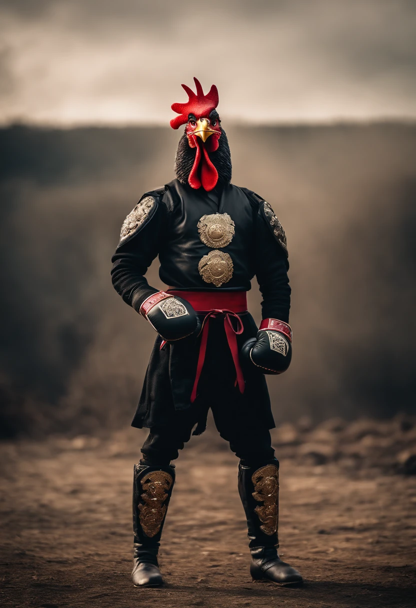 Rooster-headed warrior wearing black jacket Steel bracers on arms Hands wearing boxing gloves Standing full body photo