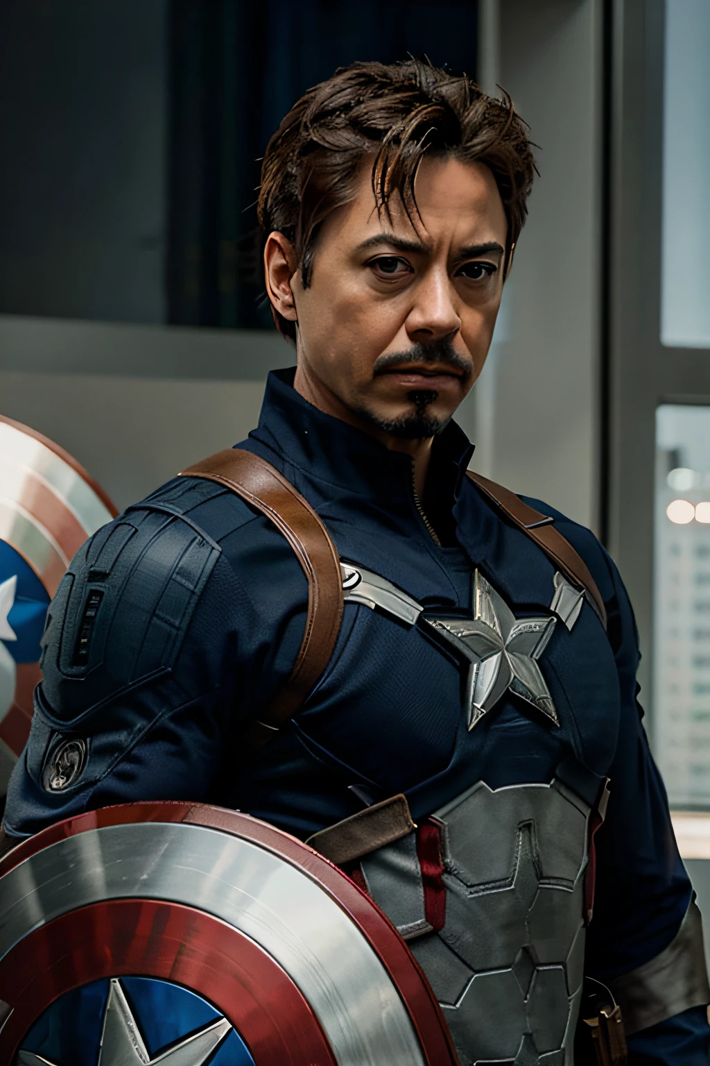 Realistic Tony Stark character with a surprised face with Captain America's uniform and shield on his back, ultra-realistic style