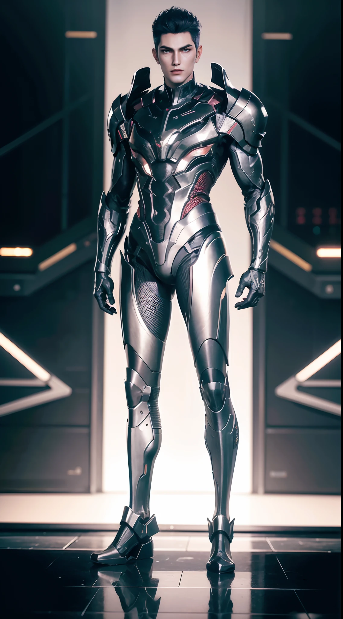 a man in a suit with a futuristic look on his face and chest, with a futuristic helmet on, (1boy:0.630), (black hair:0.728), (black heavy armor:0.923), (blurry:0.915), (blurry background:0.579), (blurry foreground:0.619), (depth of field:0.771), (letterboxed:0.805), (looking at viewer:0.601), (male focus:0.786), (mecha:0.605), (realistic:0.758), (solo:0.839), (full body:1.3)