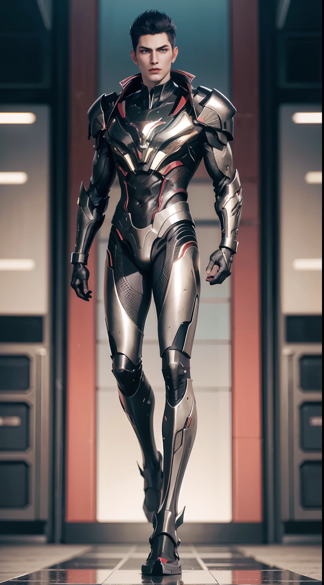 a man in a suit with a futuristic look on his face and chest, with a futuristic helmet on, (1boy:0.630), (black hair:0.728), (black heavy armor:0.923), (blurry:0.915), (blurry background:0.579), (blurry foreground:0.619), (depth of field:0.771), (letterboxed:0.805), (looking at viewer:0.601), (male focus:0.786), (mecha:0.605), (realistic:0.758), (solo:0.839), (full body:1.3)