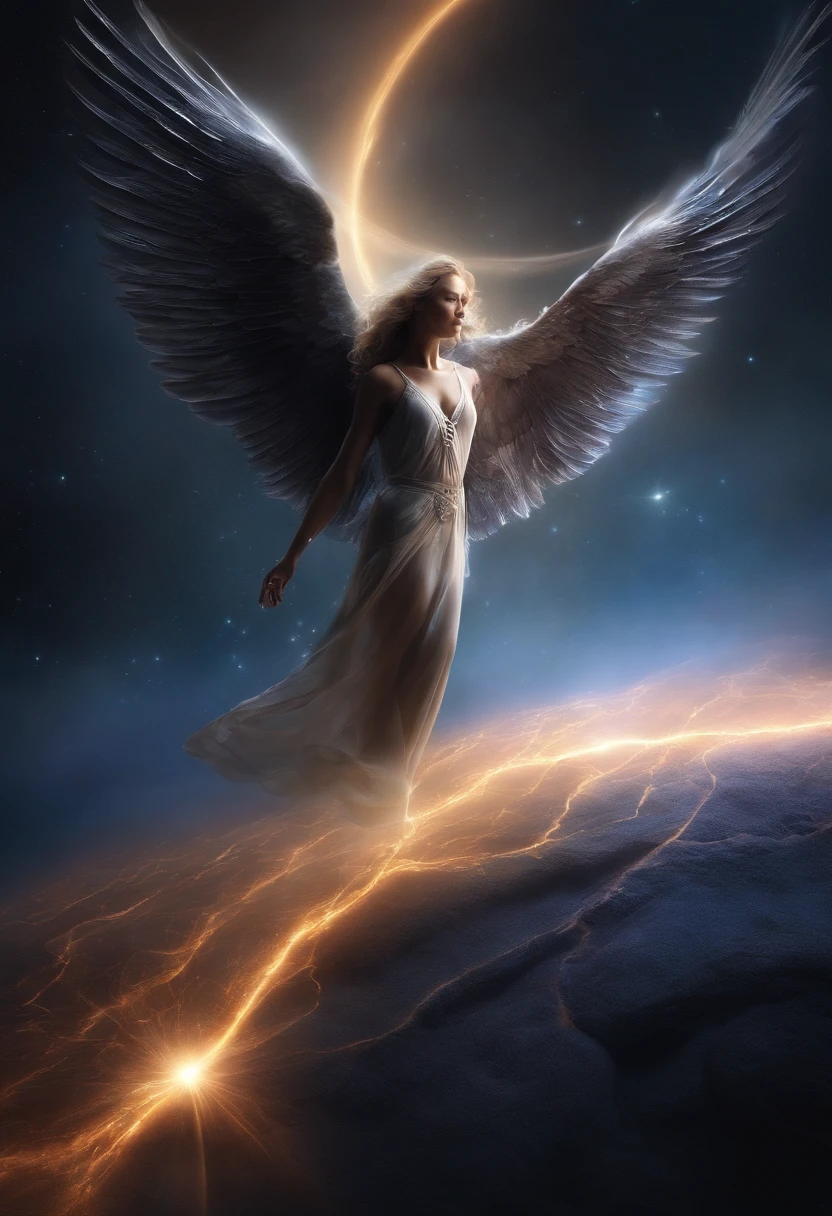 cosmic fallen angel, olhos claros brilhantes, Biomechanicals, estranho, assustador, Pesadelo, cores muito brilhantes, light particles, com luz brilhante, Mshiff, Arte do papel de parede, Papel de parede UHD