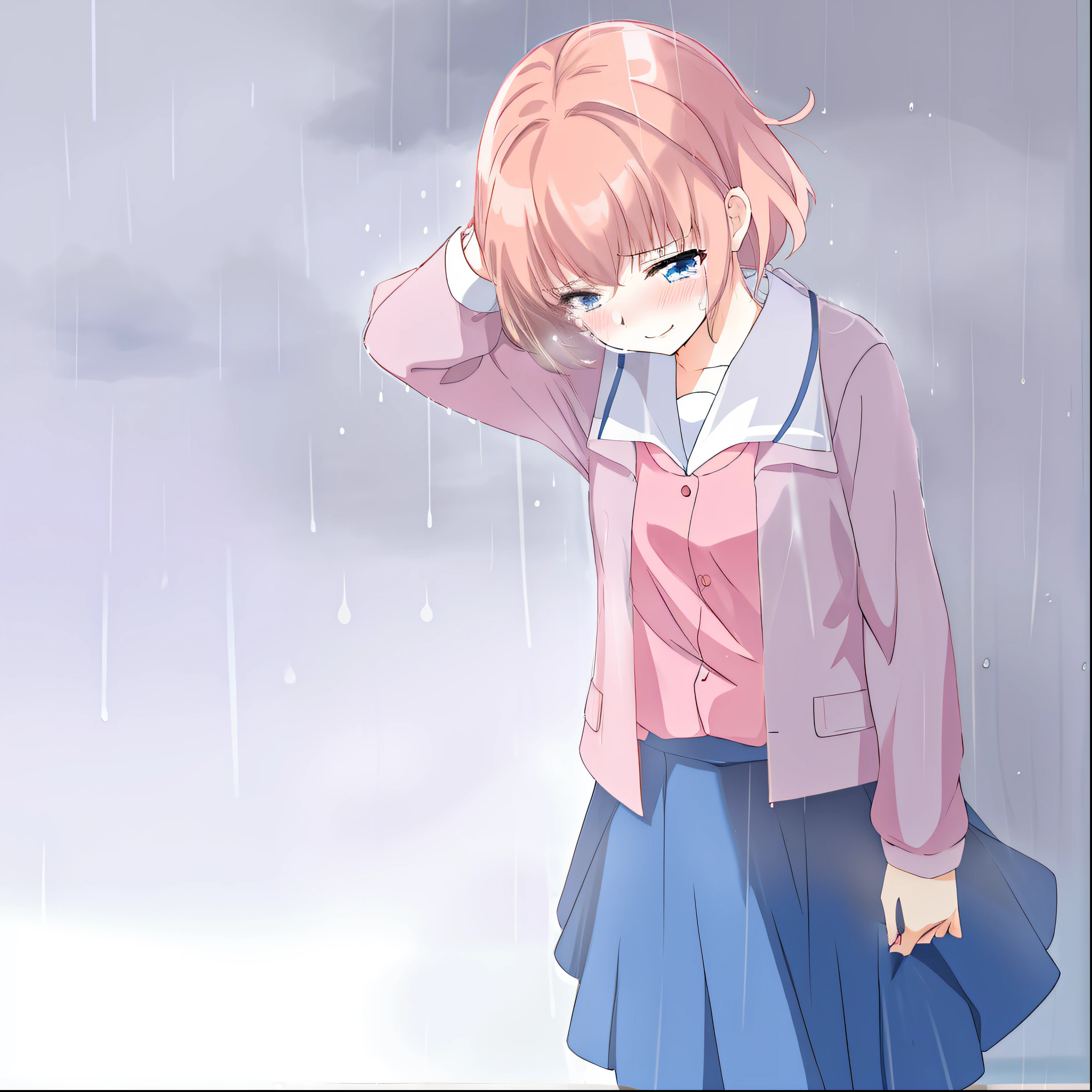 Anime girl in a pink shirt and blue skirt standing in the rain, Tears on Rain, quadro emocional, Depois da chuva e sem s, Chovendo, like tears in the rain time to die, tempo chuvoso, sob chuva, atmospheric anime, chuva caindo, DDLC, Chovendo!!, it's raining, raining outside, Clima chuvoso, Dia chuvoso, (menina), detalhe.
