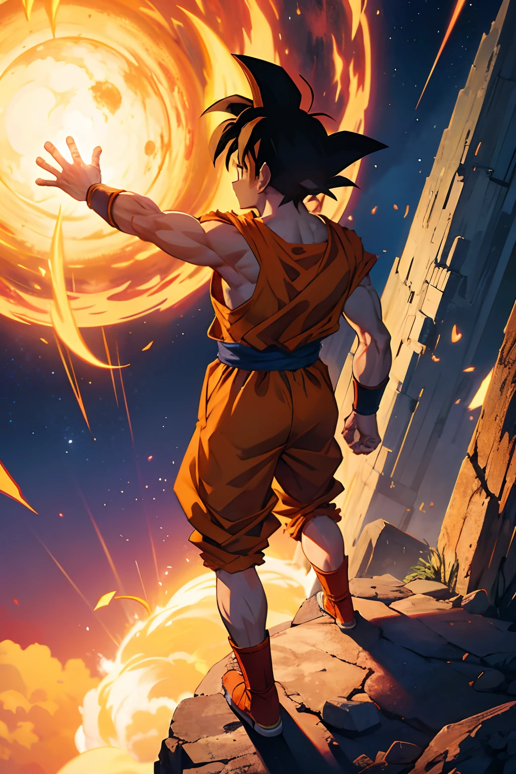 Goku walking away from giant crater