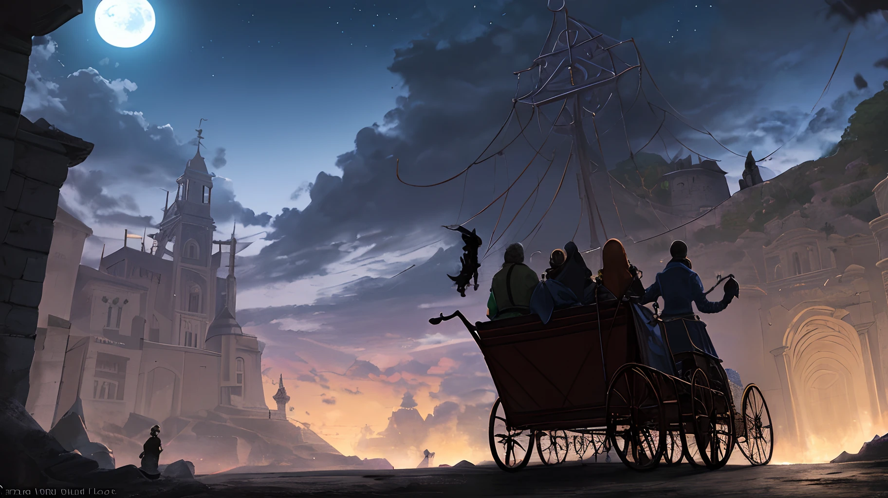 Au premier plan, de dos, Four men on the back of a cart, dressed in the dress of antiquity. In the background, a very menacing dungeon. The night is dark and the moon lights up the clouds.