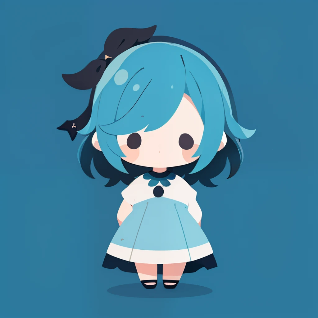 Flat avatar, 1girll, Solo, hair adornments, with short black hair, blue color eyes, Simple background, full bodyesbian, tchibi, Cyan dress
