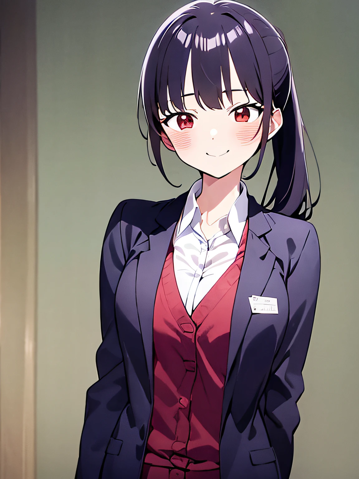 (masterpiece, best quality, high resolution, Yamada Anna) 1 girl, solo, long reddish black hair in a ponytail with red accessories tied, sparkling red eyes, has a happy laughing face, body and face facing forward, facing the camera, visible Upper body only, wearing uniform, winter uniform, open black jacket, red cardigan, white shirt underneath, wearing bow tie