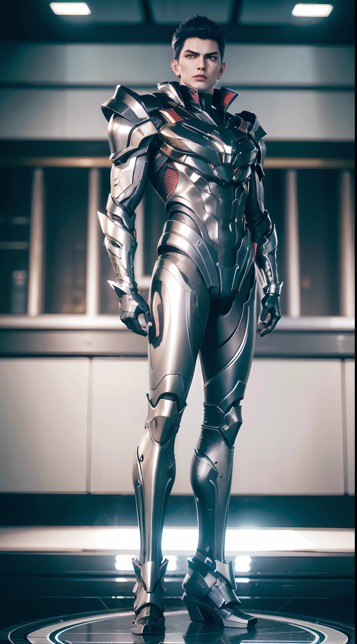 a man in a suit with a futuristic look on his face and chest, with a futuristic helmet on, (1boy:0.630), (black hair:0.728), (silver, golden, heavy armor:0.923), (a pair silver wings:0.921), (blurry:0.915), (blurry background:0.579), (blurry foreground:0.619), (depth of field:0.771), (letterboxed:0.805), (looking at viewer:0.601), (male focus:0.786), (mecha:0.605), (realistic:0.758), (solo:0.839), (full body:1.3)