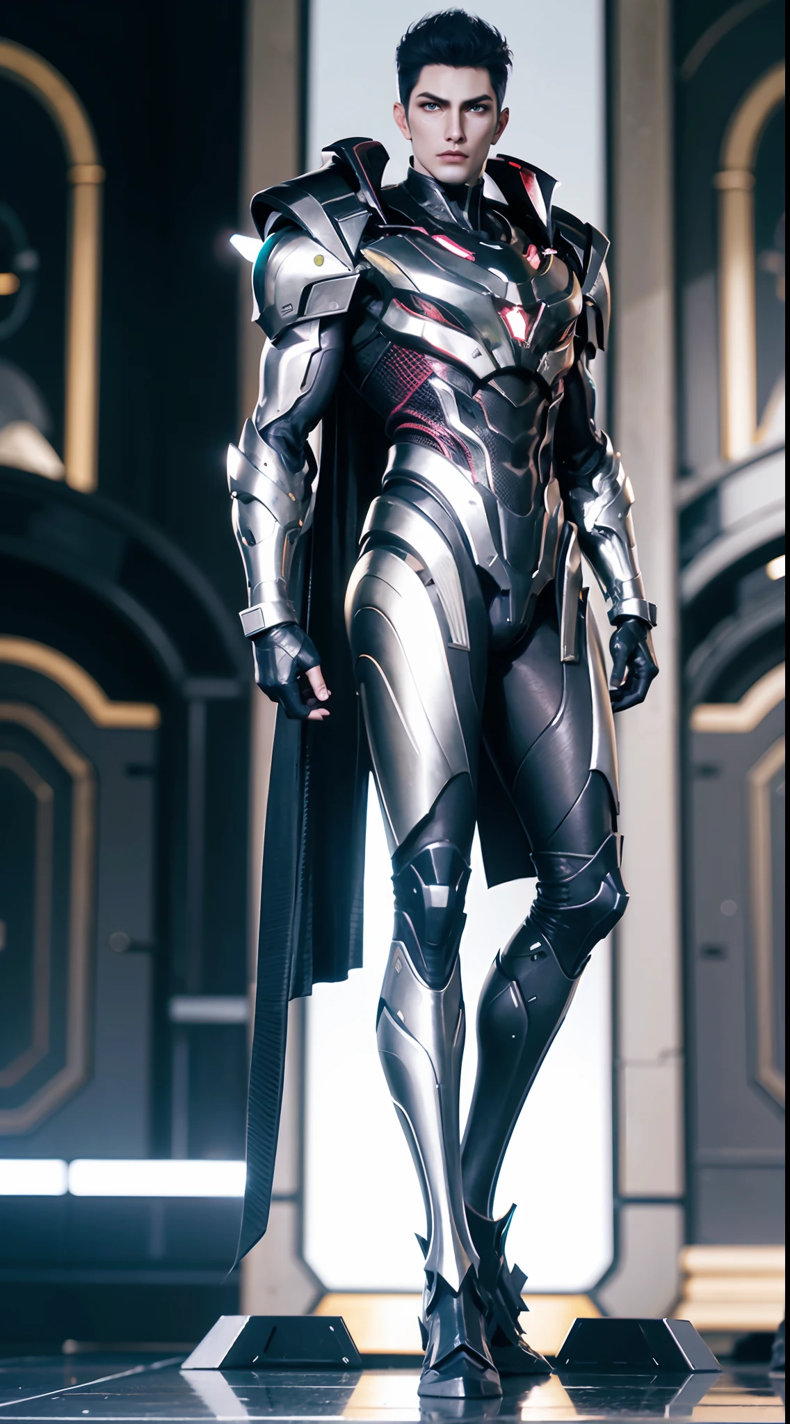 a man in a suit with a futuristic look on his face and chest, with a futuristic helmet on, (1boy:0.630), (black hair:0.728), (silver, golden, heavy armor:0.923), (a pair silver wings:0.921), (blurry:0.915), (blurry background:0.579), (blurry foreground:0.619), (depth of field:0.771), (letterboxed:0.805), (looking at viewer:0.601), (male focus:0.786), (mecha:0.605), (realistic:0.758), (solo:0.839), (full body:1.3)