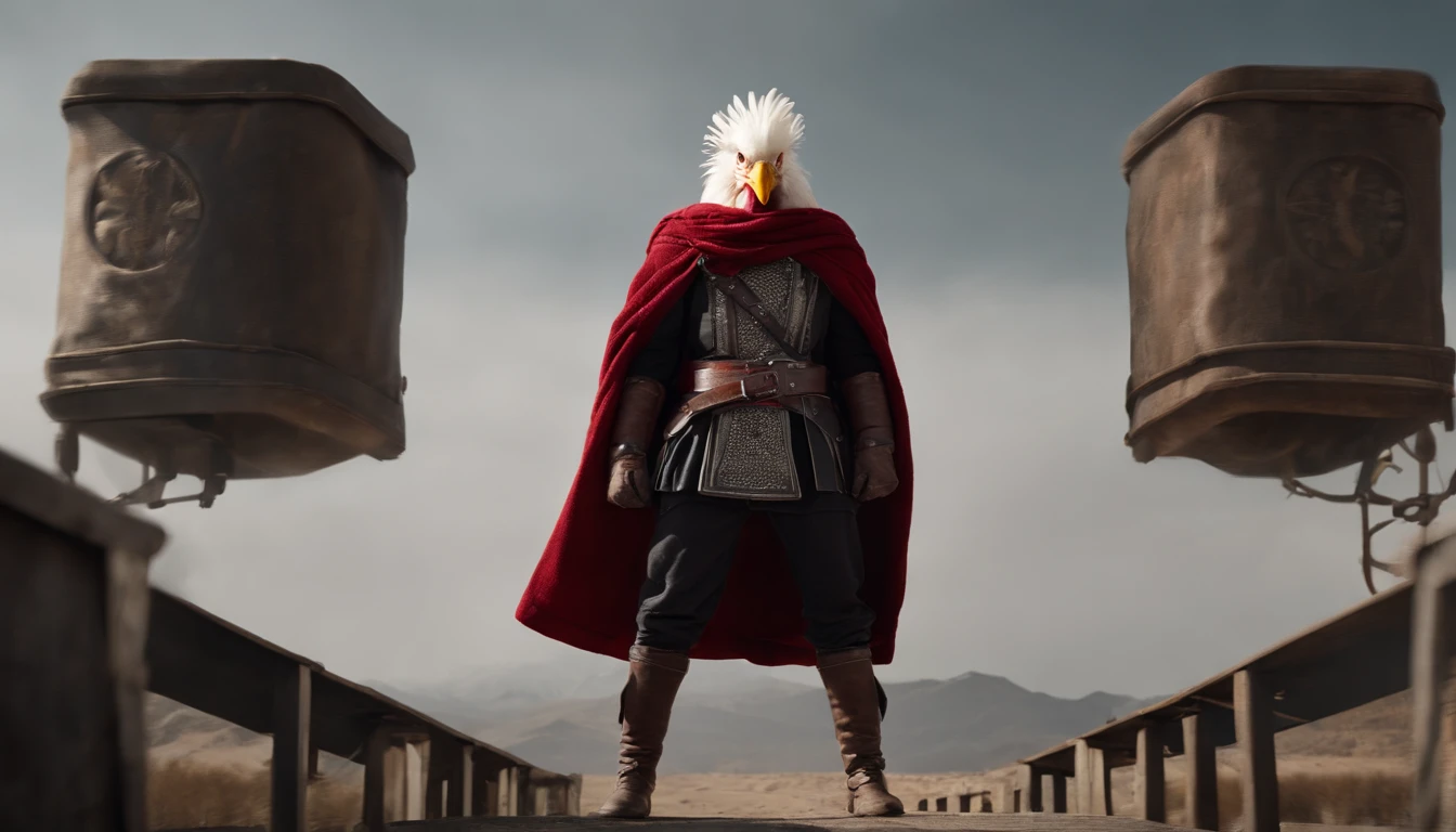 White rooster-headed warrior wearing a large red scarf around his neck Wearing a black jacket, a sweatshirt, the zipper is open, and a white chest guard is worn inside, a belt is worn at the waist, a large mechanical device in the middle of the belt, and gray cargo pants are worn on the lower body, the arms are wearing mechanical iron bracers, the hands are wearing boxing gloves, and there are two red cloth strips on the back, floating in the wind, standing full-body photo