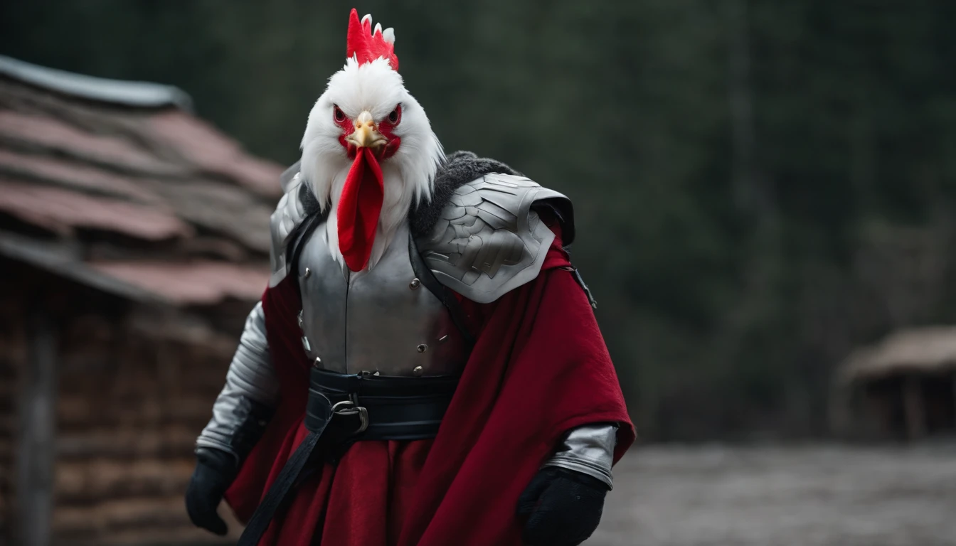 White rooster-headed warrior wearing a large red scarf around his neck Wearing a black jacket, a sweatshirt, the zipper is open, and a white chest guard is worn inside, a belt is worn at the waist, a large mechanical device in the middle of the belt, and gray cargo pants are worn on the lower body, the arms are wearing mechanical iron bracers, the hands are wearing boxing gloves, and there are two red cloth strips on the back, floating in the wind, standing full-body photo
