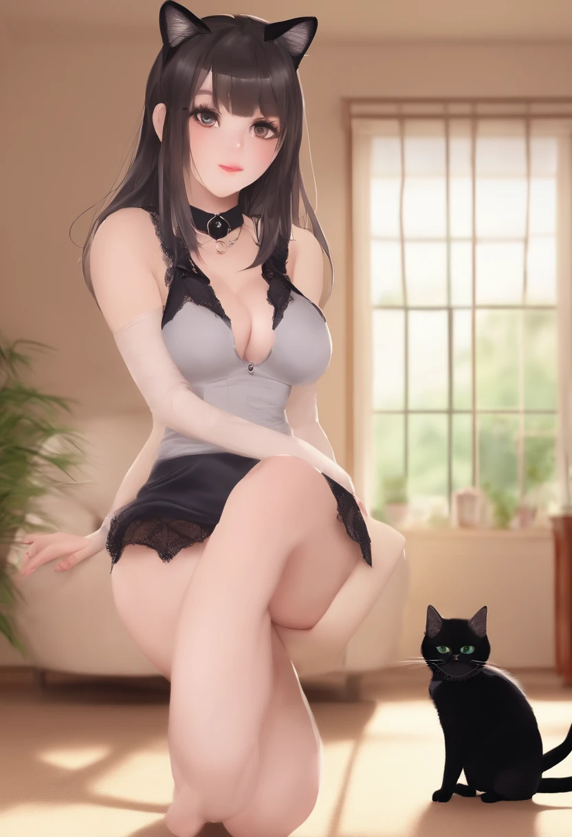 simple background, (very huge boobs:1.1), (very saggy boobs), deep cleavage, chubby, very cute pale girl, bangs, squat, open legs, very big eyes, arms up, nude, cat ears, black collar, fishnet high socks, thick legs