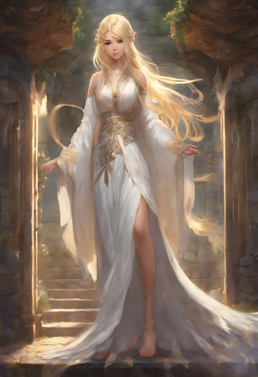 White dress blonde long hair anime girl,Robe, , detailed long blond hair, long hair girl, A flowing robe, cabellos largos dorados, long and flowing hair, Long flowing hair, Anime girl with long hair, Flowing white robe,Elves,elvish ears,Ancient architectural background,Back shadow,Exquisite ancient temple background,Full body like,Side Body