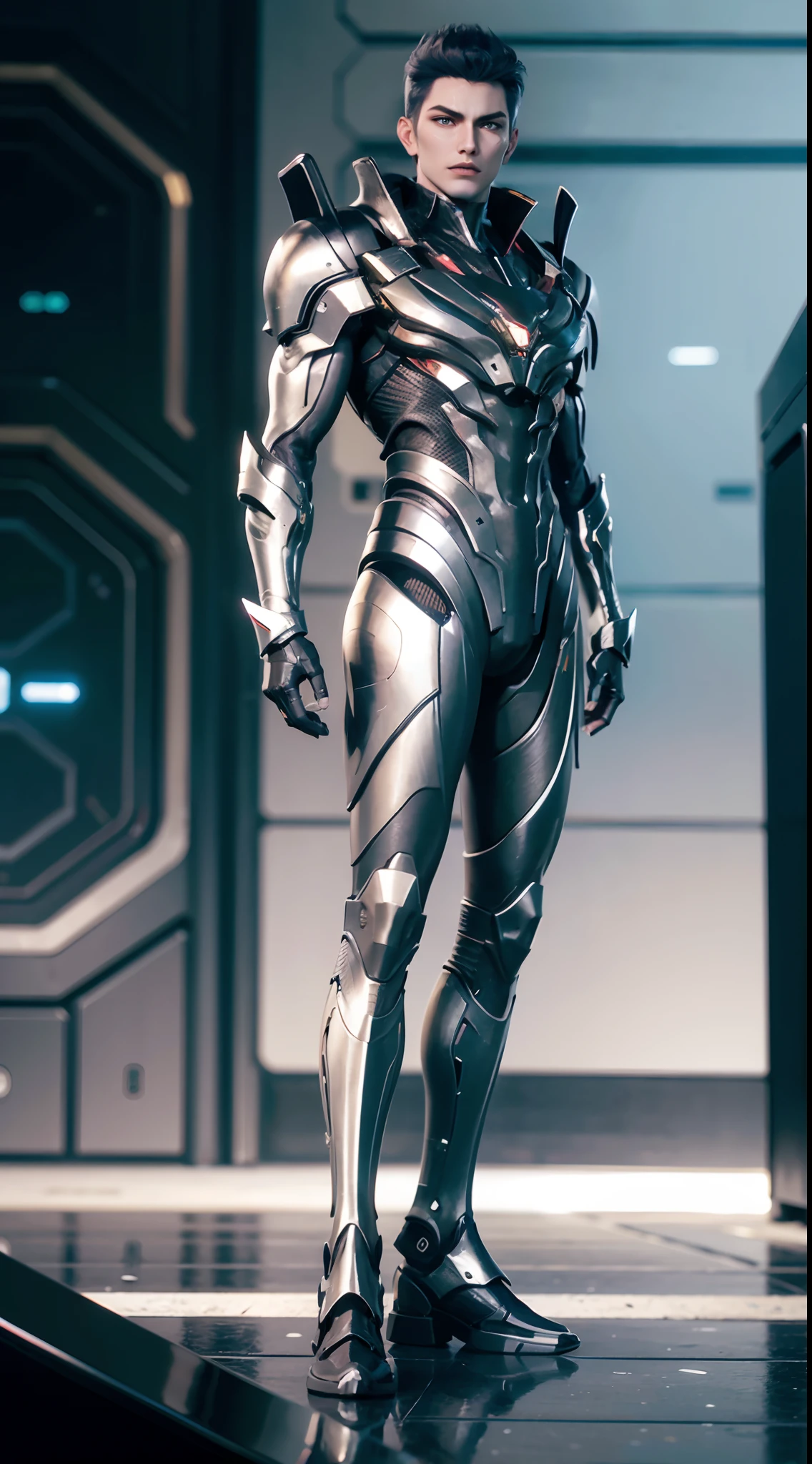 a man in a suit with a futuristic look on his face and chest, with a futuristic helmet on, (1boy:0.630), (black hair:0.728), (silver, golden, heavy armor:0.923), (a pair silver wings:0.921), (blurry:0.915), (blurry background:0.579), (blurry foreground:0.619), (depth of field:0.771), (letterboxed:0.805), (looking at viewer:0.601), (male focus:0.786), (mecha:0.605), (realistic:0.758), (solo:0.839), (full body:1.3)