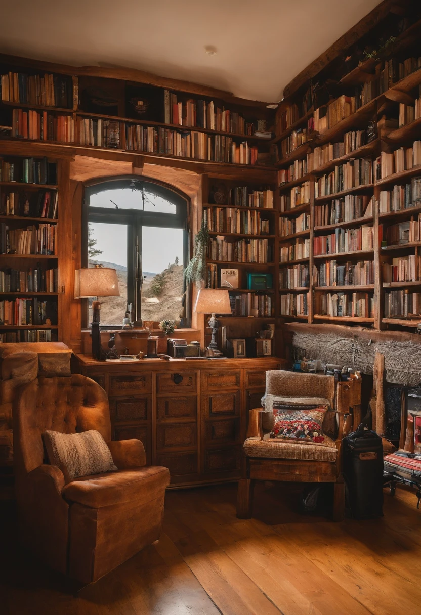 The rooms are neatly arranged with ski equipment,parachutes,Skateboarding gear,Roller skating equipment,Skating gear,Surf gear,The bookcase is full of books,On the walls are landscape travel photos