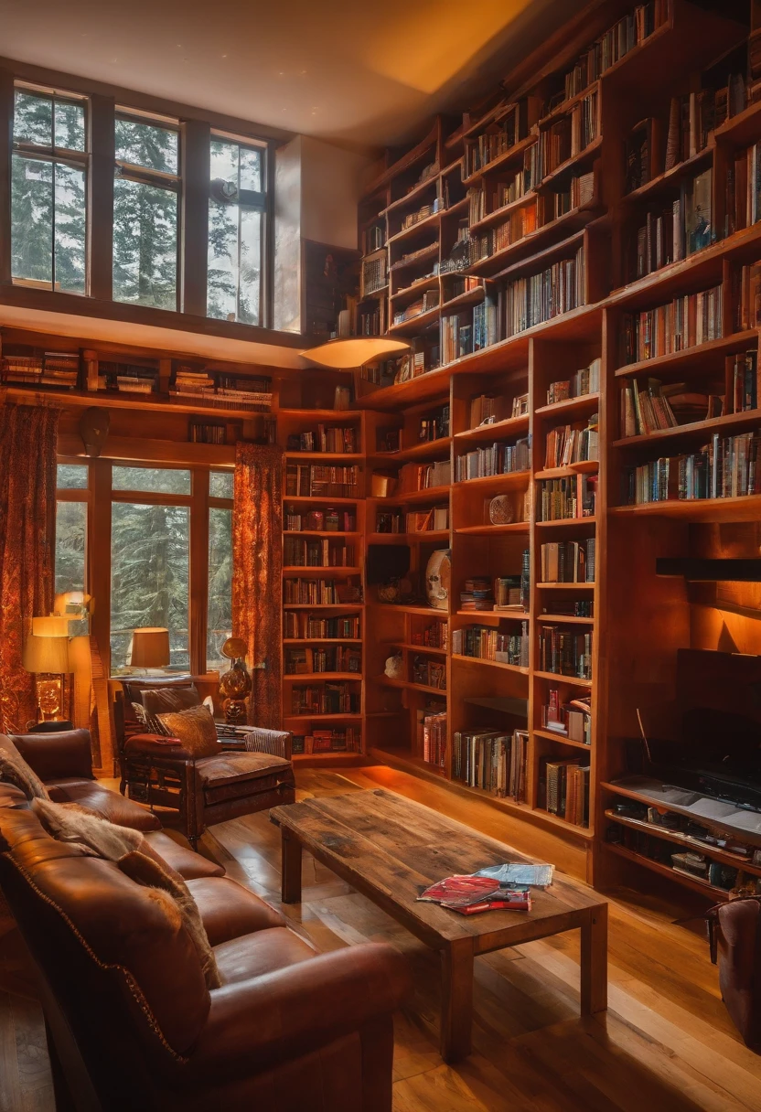 The rooms are neatly arranged with ski equipment，parachutes，Skateboarding gear，Roller skating equipment，Skating gear，Surf gear，The bookcase is full of books，On the walls are landscape travel photos