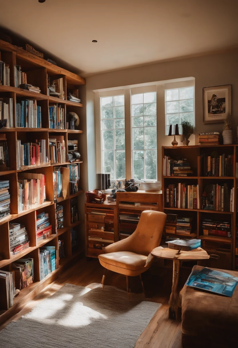The rooms are neatly arranged with ski equipment,parachutes,Skateboarding gear,Roller skating equipment,Skating gear,Surf gear,The bookcase is full of books,On the walls are landscape travel photos