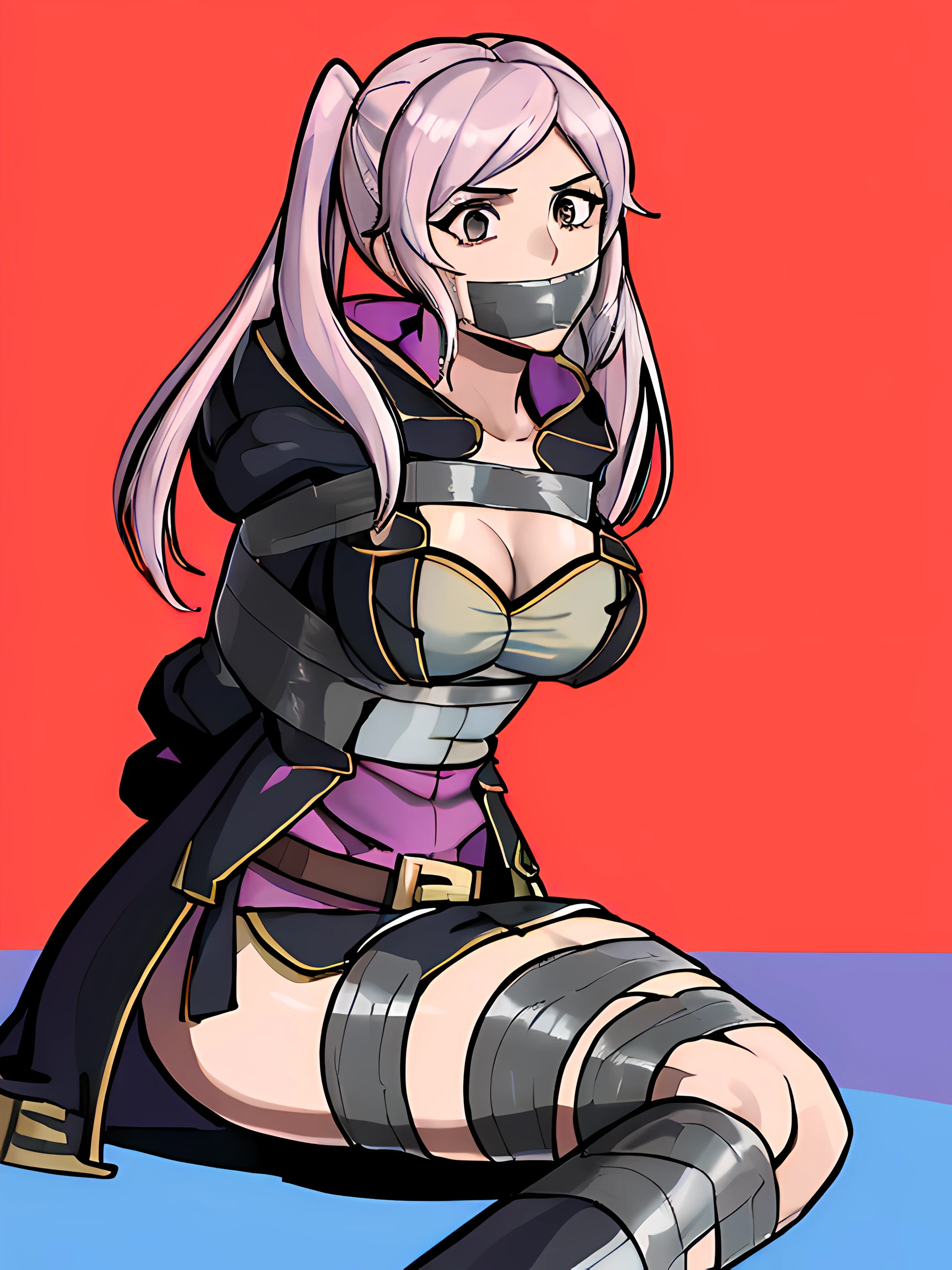 (absurdres, 8k, 4k, masterpiece, hyper extreme detailed:1.2), solo, 1girl, side view portrait, best quality, expressive eyes, perfect face, 1girl, portrait, solo, Female, mature female, adult, robin fe, fire emblem, woman, robin, fire emblem awakening, robe, hood down, belt, tactician, cleavage, thigh boot, cowboy shot, bound, bondage, (arms behind back:1.4), bdsm, tape gag, tape, tape bondage, restrained, tape wrapped, wrap gag, bondage, taped wrists, taped breasts, taped mouth, taped elbows, taped forearms, sitting down, 1girl, taped thighs, taped ankles, tape gagged, wrap gag,