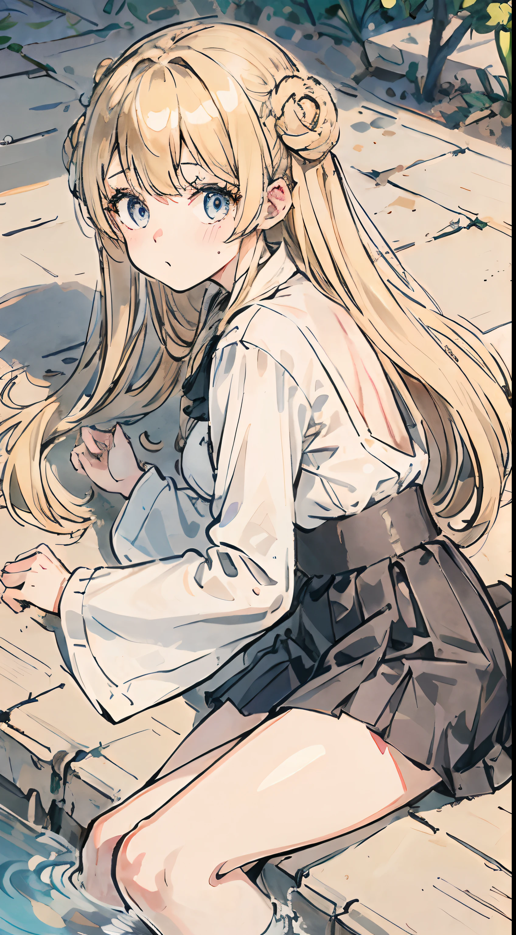 girl with、blondehair、Long hair、Surprised、White Volume Sleeve Blouse、Black pleated skirt、tights、lowfers、Preppy、Small pouch、Bunching hair、waterface、laying on back、Medieval cityscape、