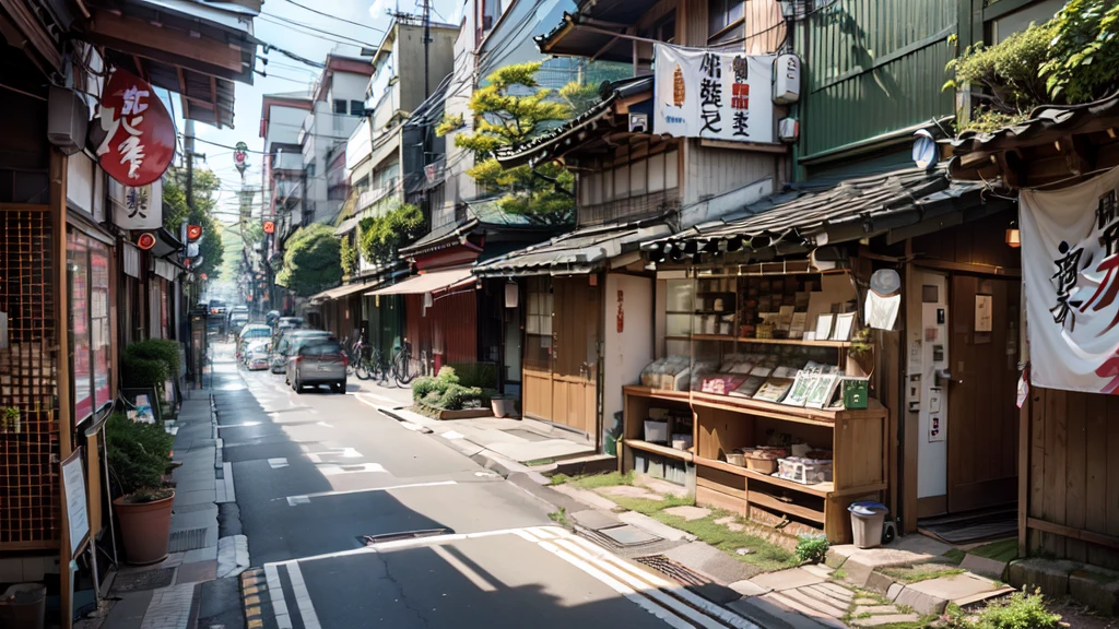 anime background, anime wallpaper, anime, anime style, anime aesthetic, compact urban japanese alley, modern japanese coffee shop, golden lighting coming out of coffee shop window, narrow pathway, plant pots, trees, rocks, trash cans, gutters, pipes, telephone wires, air vents, air ventilation systems, japanese banners, japanese shop signs, japanese billboard, no one in sight, no people, empty street, (no one: 1), best quality, mid day, modern japan architecture, tokyo,