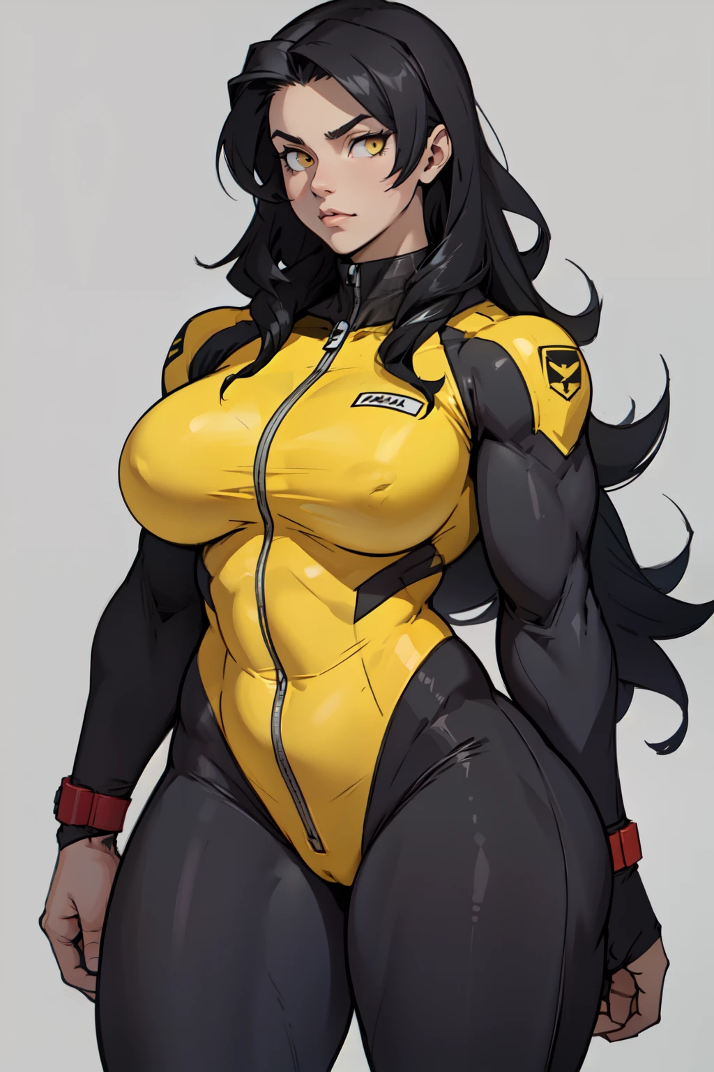 (((1girl bodybuilder muscular))) pale skin black hair very long hair yellow eyes long abs ((curvy wide hips thick thighs huge breasts grey background pilot suit body suit))
